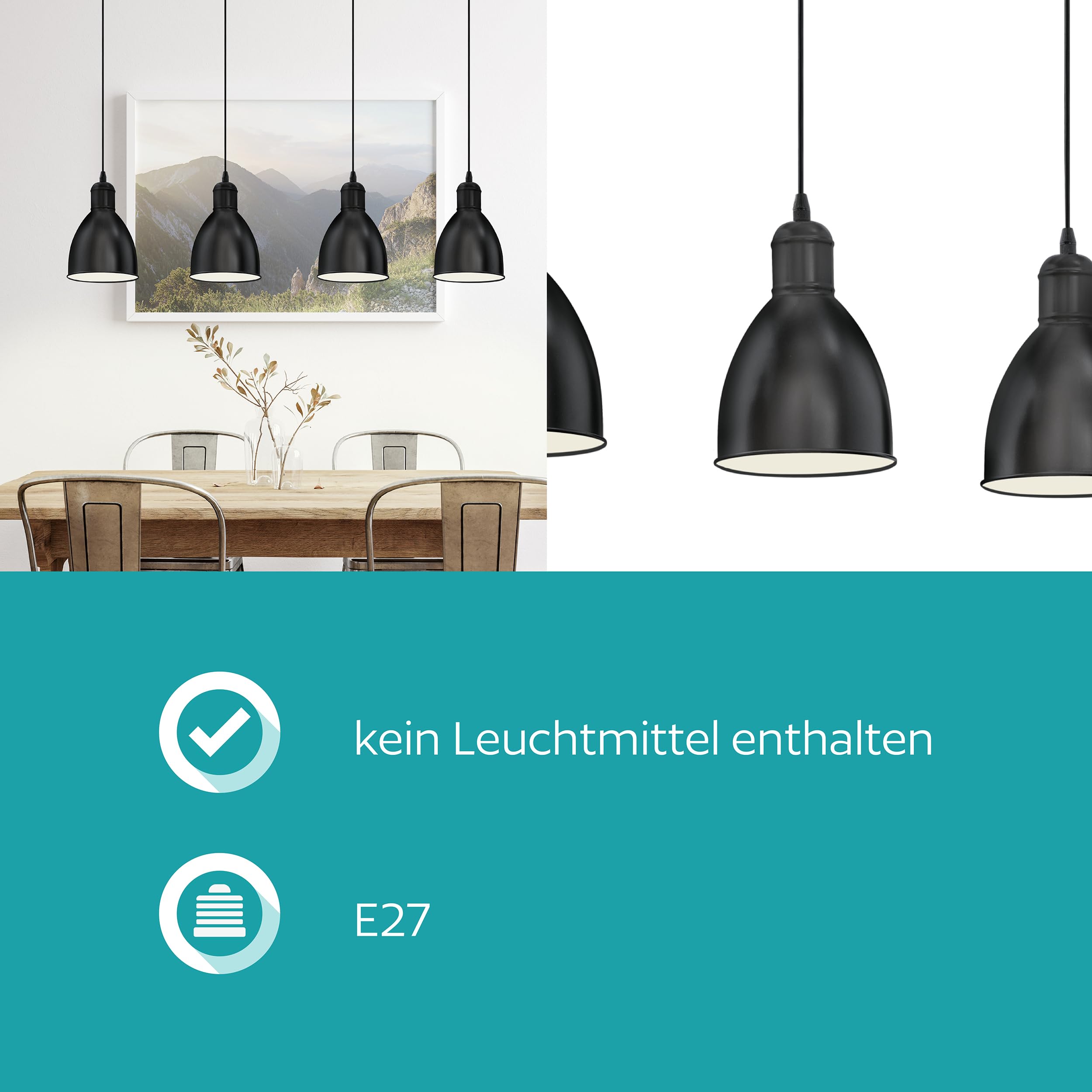 EGLO Pendellampe Priddy 4 flammige Vintage Pendelleuchte | im Industrial Design, Retro Hängelampe aus Stahl, Farbe: Schwarz, weiß, Fassung: E27