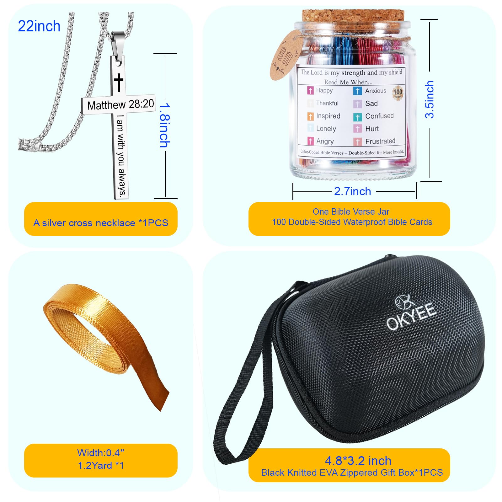 OKYEE Bible Verse Jar with Cross Necklace - 100 Waterproof Scripture Cards, Inspirational Christian Gifts for Women, Men, Mom - Hope & Faith Jar for Birthday, Baptism, Devotion - Includes Gift Box