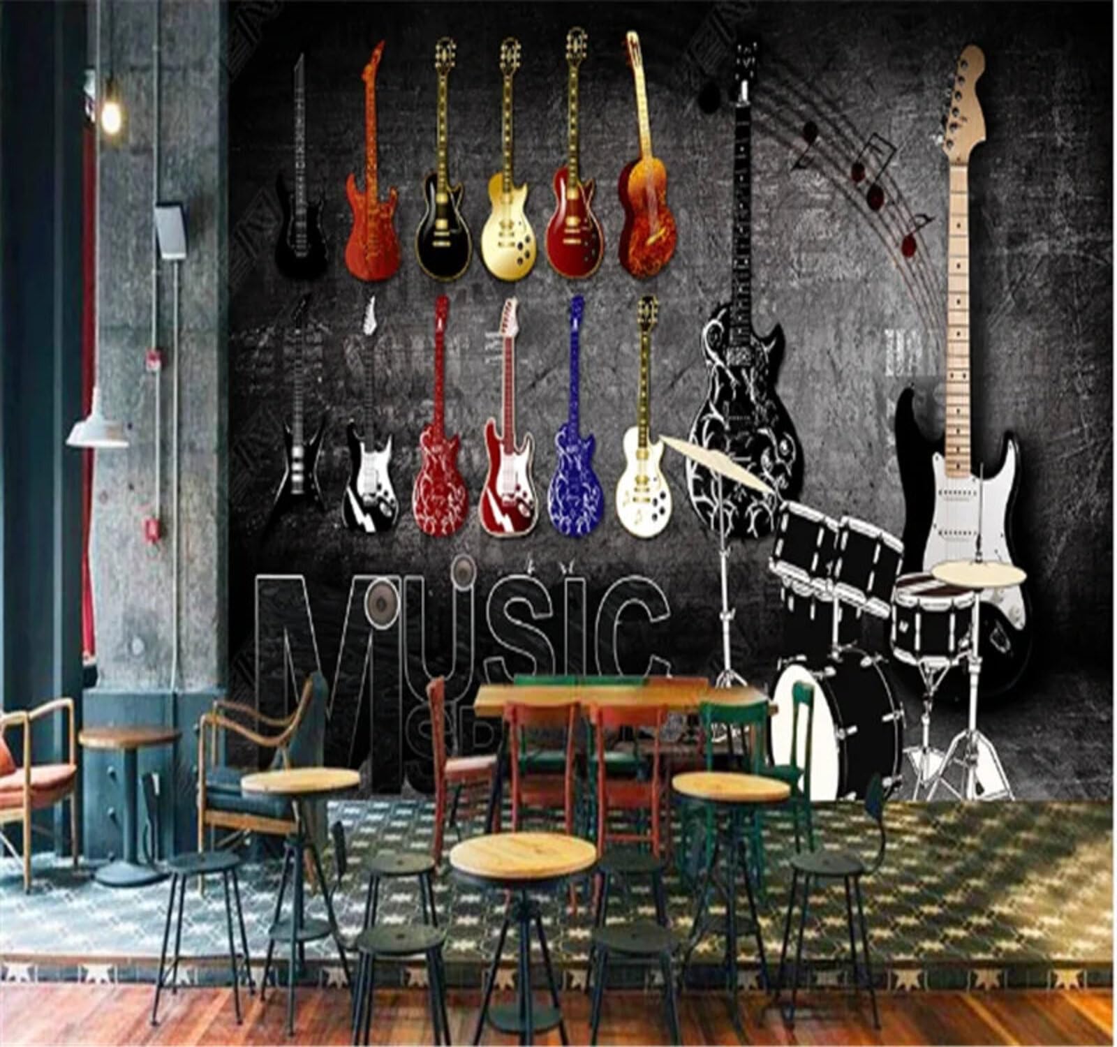 XLMING Nostalgico Musica Rock Colorato Strumenti Musicali Chitarra 3D Carta Da Parati Lusso Casa Soggiorno Divano Mobili Floreale Camera Letto TV Sfondo Muro-250cm×170cm