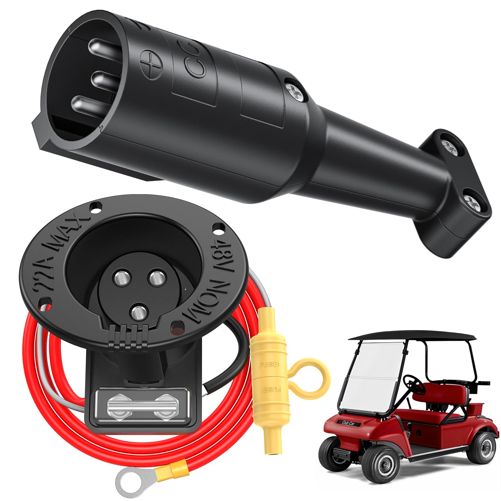 Club Car 48V Charging Port and Plug, Golf Cart Charger Receptacle with Cord and Handle Plug for 2004-2013 Club Car DS, Club Car Charger Socket Plug Replace OEM# 101828901, 101802101, 101846801