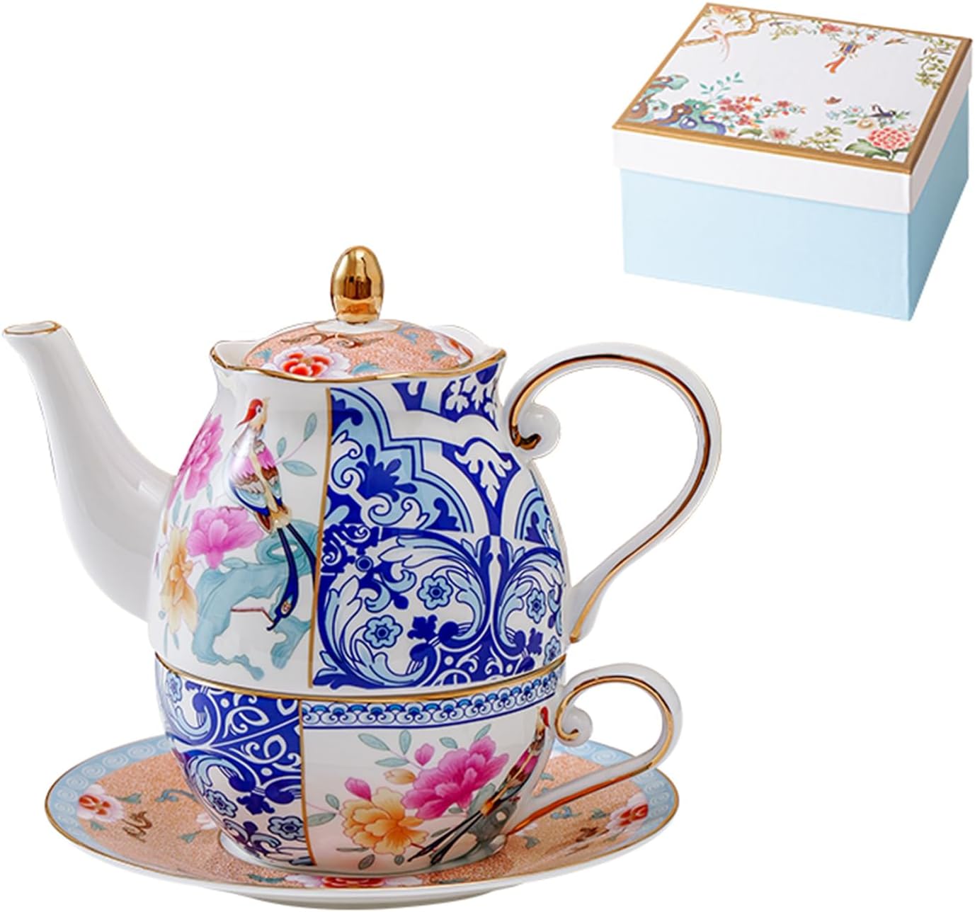 Tea for One Set, Bone China Stackable Teapot with Cup and Saucer, Vintage Floral Design for Personal Afternoon Tea, Ideal Gift for Birthday Christmas Valentine's Day