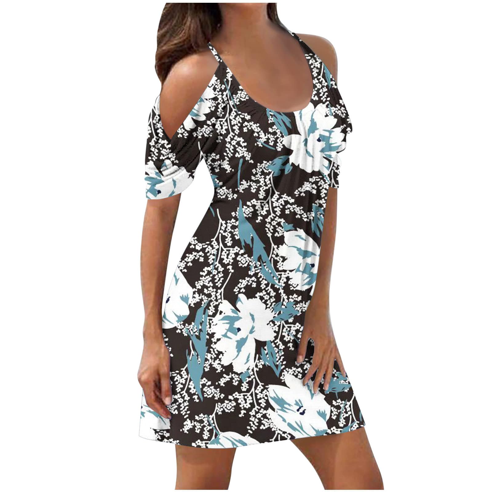 NUSGEAR 2024 Vestidos Corto para Mujer Vestido Verano Estampados Floral Moda Casual Fiesta Playa Sexy Vestidos un Hombro Manga Corta Cuello Redondo Suelto Elegante Vestidos de Noche Vacaciones Bohemio