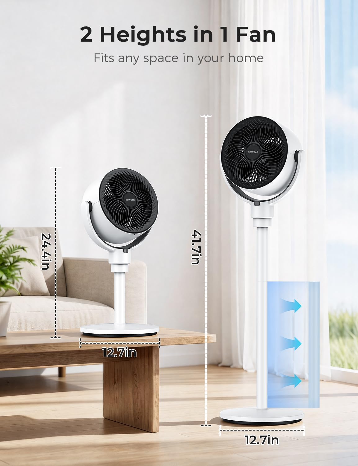 COWSAR Standing Fan for Bedroom, 20dB Quiet Fan, 150°+120°Auto Oscillation Floor Fan with Remote, Adjustable Pedestal Fans for Room, Whole Room Air Circulator Fan, 6 Speeds 3 Modes, 7H Timer, White