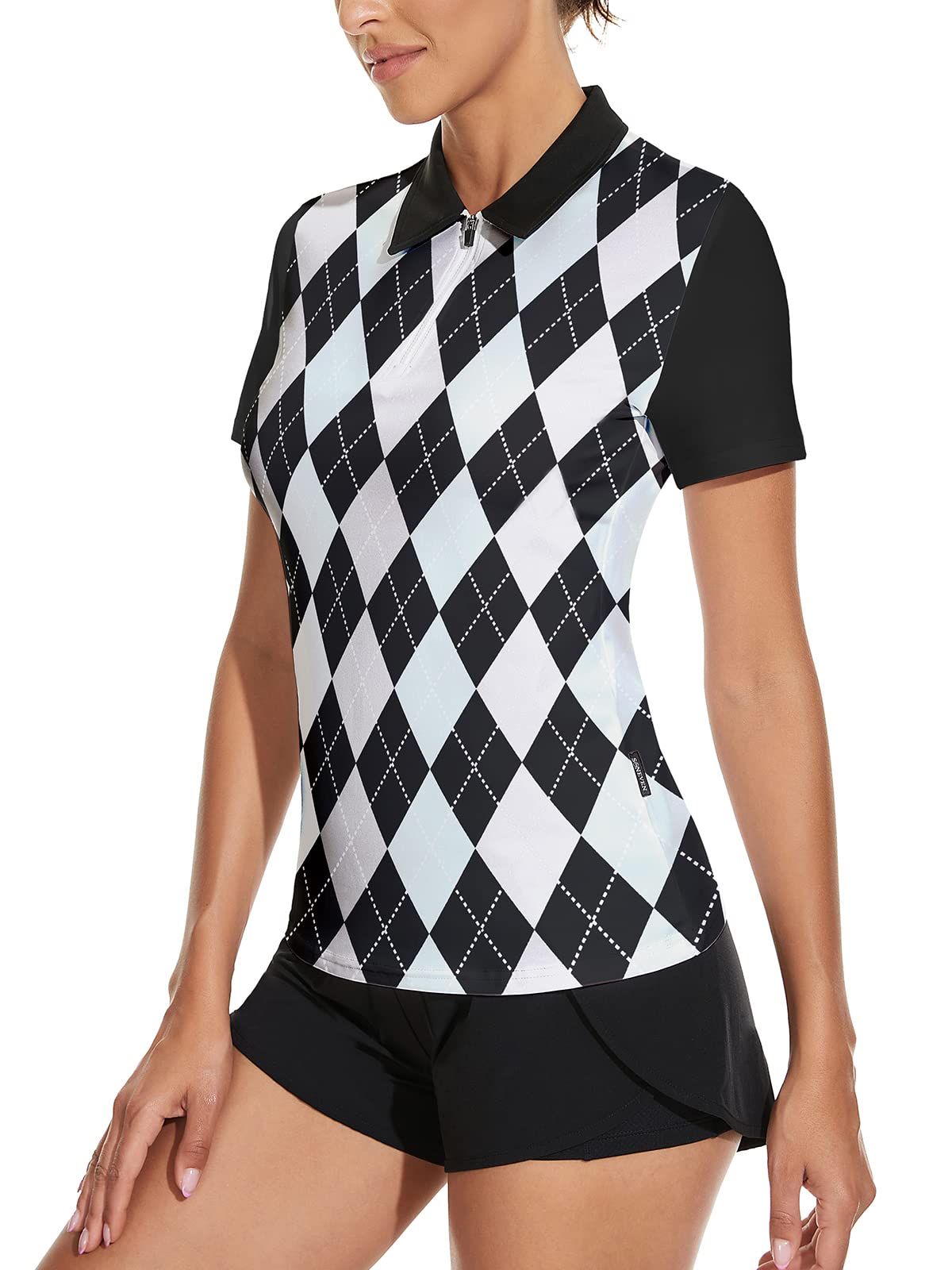 Soneven Women's Long Sleeve Golf Polo Shirts Moisture Wicking Quick Dry Half-Zip Pullover Athletic Workout Striped Tops