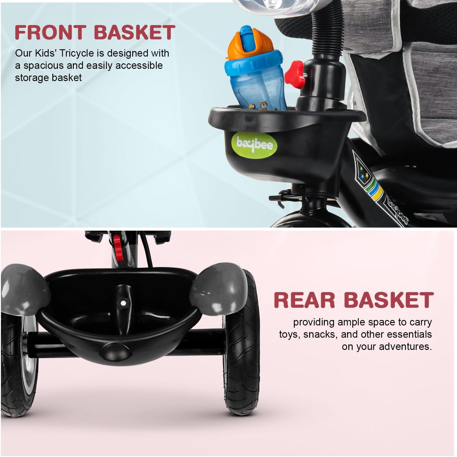 Baybee Klinto 3 in 1 Baby Tricycle for Kids | Balance Kids Cycle with Parental Control, Canopy & Safety Guardrail | Smart Trikes with Dual Storage, LED Light & Music | Baby Cycle 2 to 5 Years (Ash)