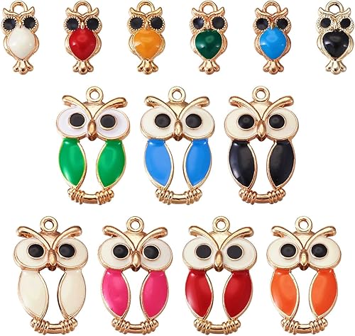 13 estilos de dijes esmaltados de búho, coloridos dijes de búho de Halloween, colgantes de la suerte de búho vintage para llavero, aretes, collares,