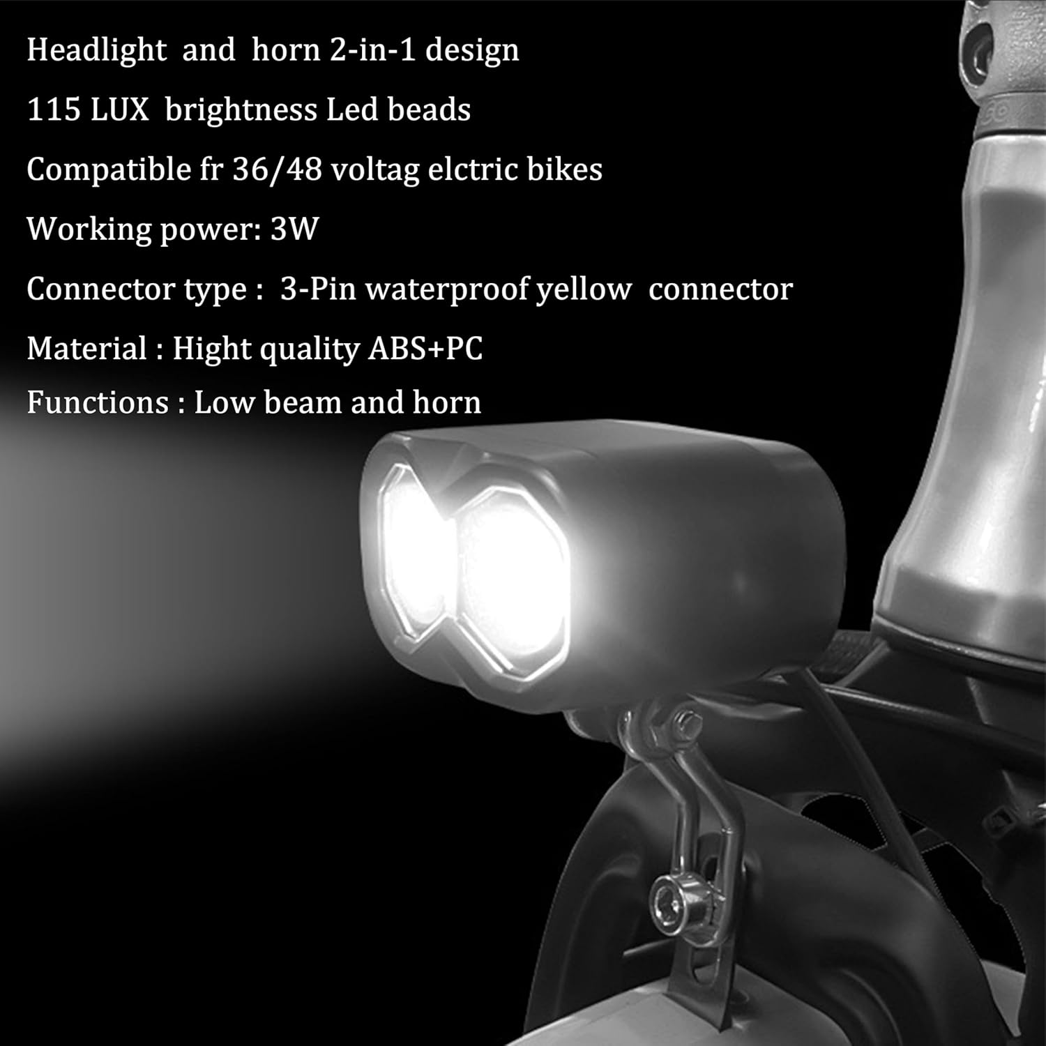 EBike Headlight with Horn 3 Pin Male Waterproof Connector Bicycle Front Light for 36V 48V Ebikes and E-Scooter Mountain Bike Replacement Horn Light