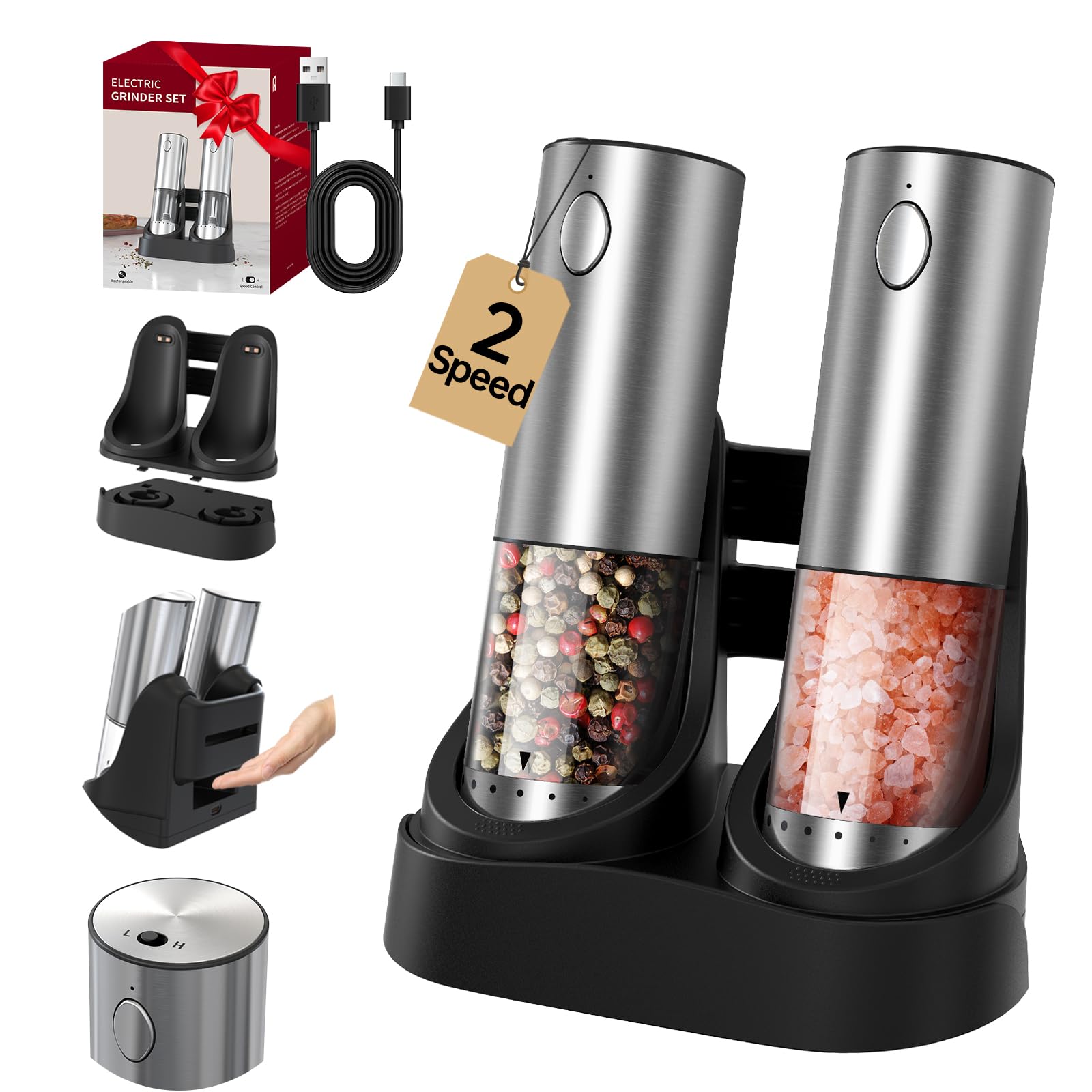 CIRCLE JOY Juego de Molinillos de Sal y Pimienta Recargables con Base de Carga, 2 Velocidades de Molienda Variables, Ajuste Externo, Capacidad de 95ml y Luz LED Blanca, Plata