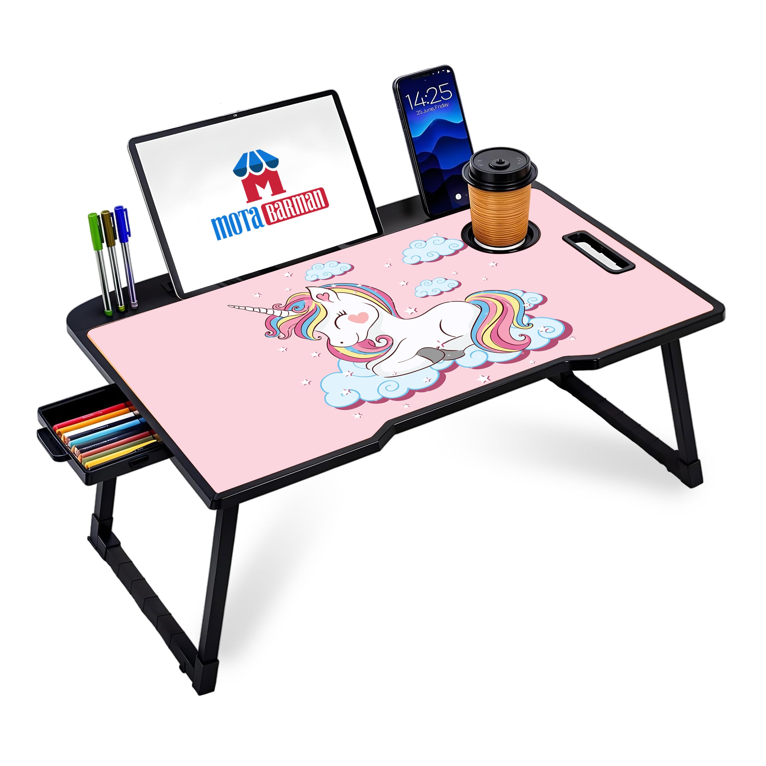 DIVIJA STORE Smart Multipurpose Foldable Laptop Table with Cup Holder, Study Table, Bed Table, Breakfast Table, Foldable and Portable/Ergonomic & Rounded Edges/Non-Slip Legs (New Unicorn)