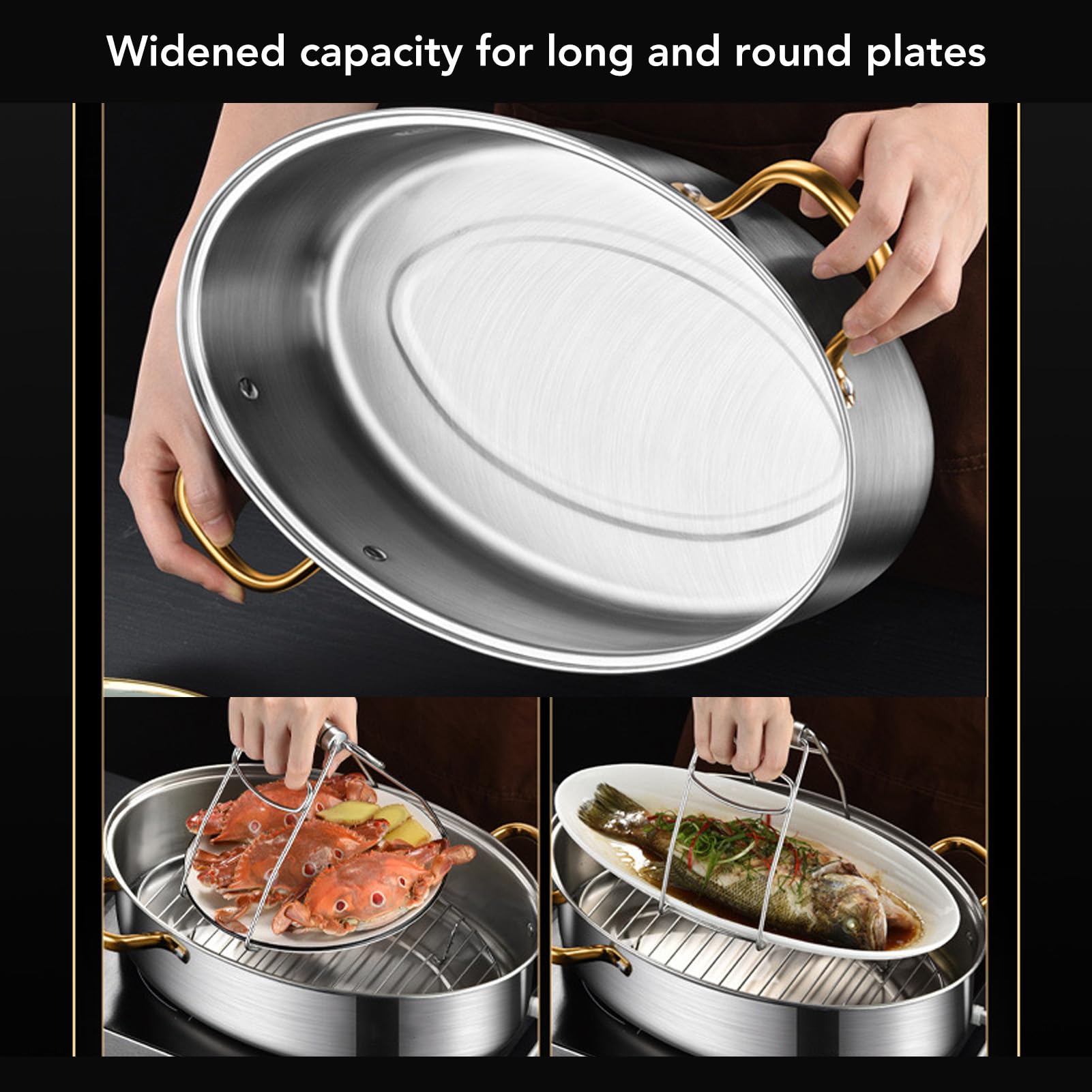 TOPINCN Pentola a Vapore per Pesce in Acciaio Inossidabile 304, Forma Ovale con Coperchio Trasparente e Piastra in Ceramica per Cuocere a Vapore Gnocchi di Zuppa di Pesce e Frutti di