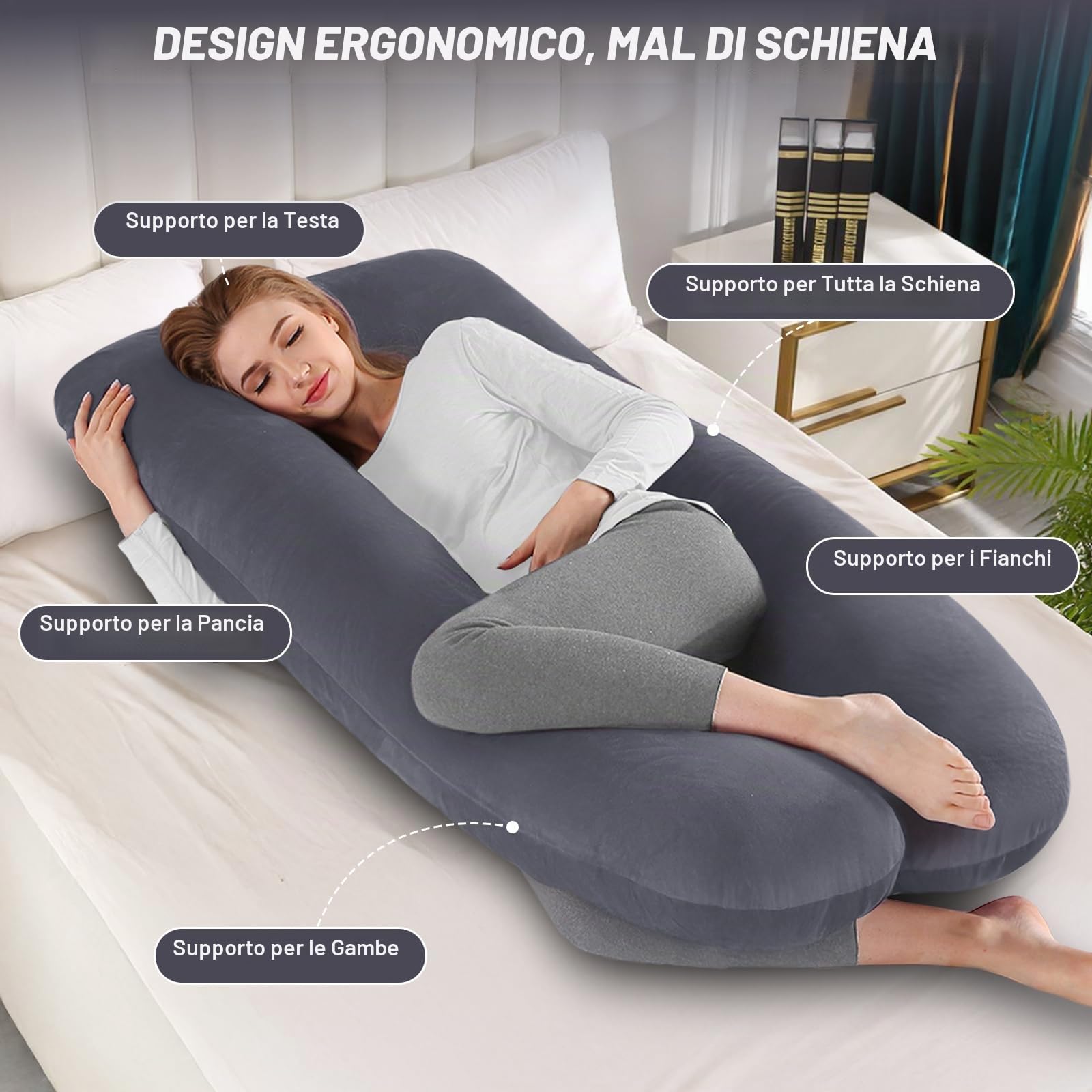 Cuscino Gravidanza - Cuscino Gravidanza per Dormire a Forma di U Supporto Maternità - Cuscino per Allattamento e Gravidanza con Federa in Velluto Sfoderabile e Lavabile - Grigio scuro