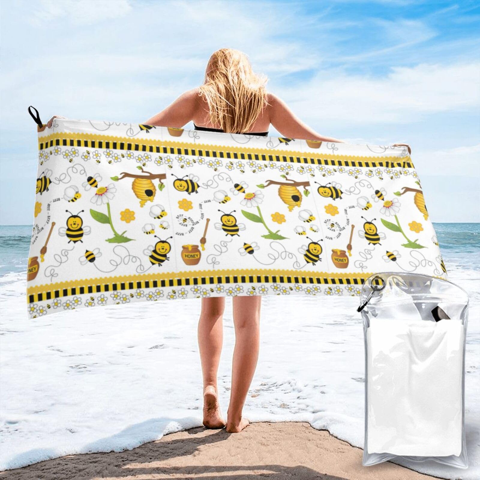 WYCZHY Bee Print Beach Towel Soft Quick Dry For Spa Pool Gym Vacation Travelers Women Men Adults Sauna Gift