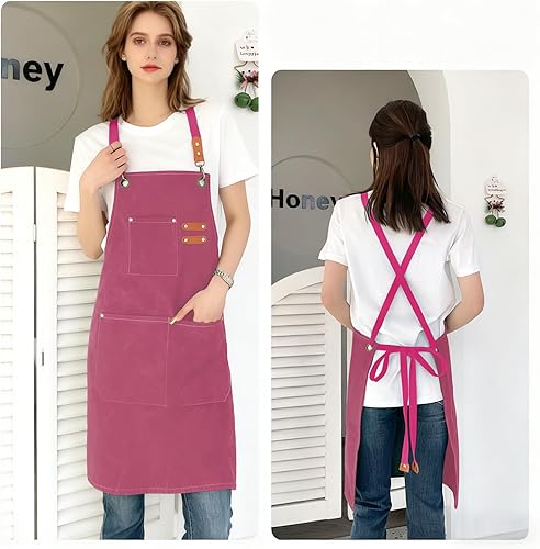 Miniatura 5 de Delantal para hombres y mujeres con bolsillos, lona de algodón, espalda cruzada, resistente, ajustable, delantal de trabajo