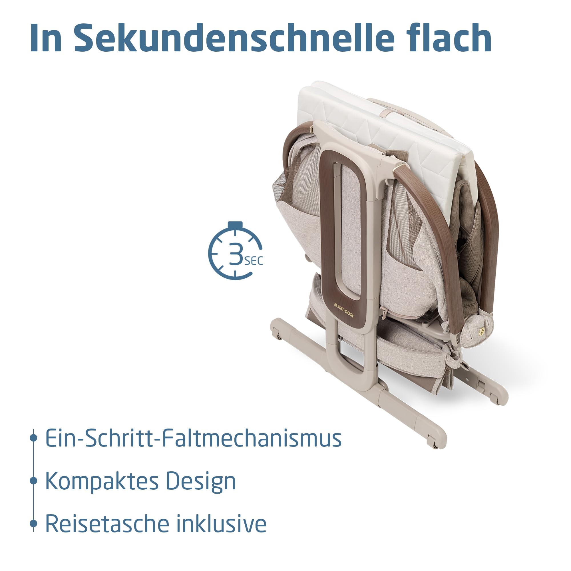 Maxi Cosi Iora Select Baby Stubenbett, 0–6 Monate (9 kg), Faltbares Beistellbett Schaukelnd/Schaukelbett, CloudCore-Matratze 3 cm, 5 Höhenstufen, 4 Leichtgängige Rollen, Easy Slide, Elegance Truffle
