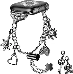 Bling Band Compatible with Apple Watch 40mm 41mm 38mm, Metal Jewelry Watch Strap for Series SE 9 8 7 6 5 4 3 2 1 Interchangeable Charms Dressy Bracelet for Women (Black)