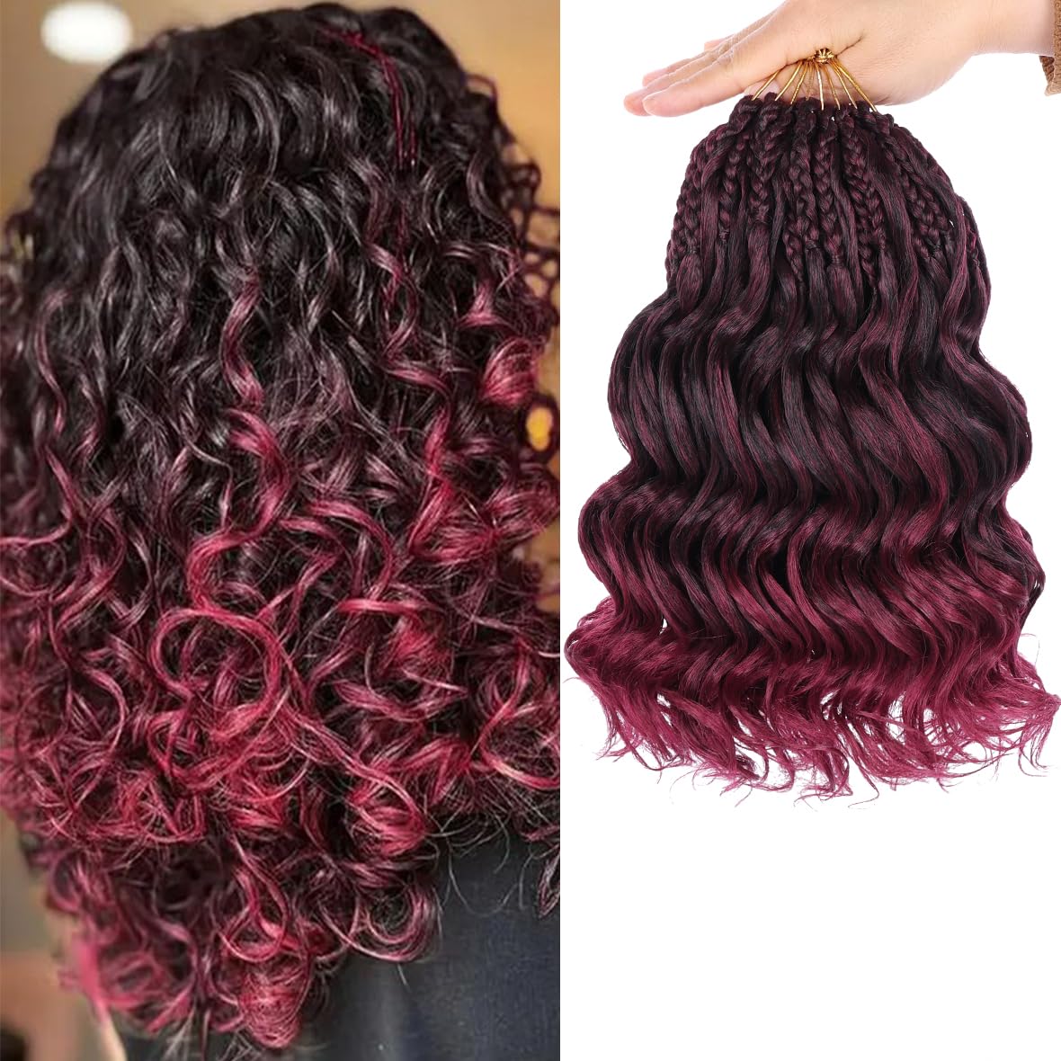 Kachanaa 10 Inch Pre Looped Ocean Wave Crochet Hair 8 Pack Curly Boho Ocean Braids Ombre Burgundy Pre Twisted Synthetic Deep Wavy Twist Hair TBUG#