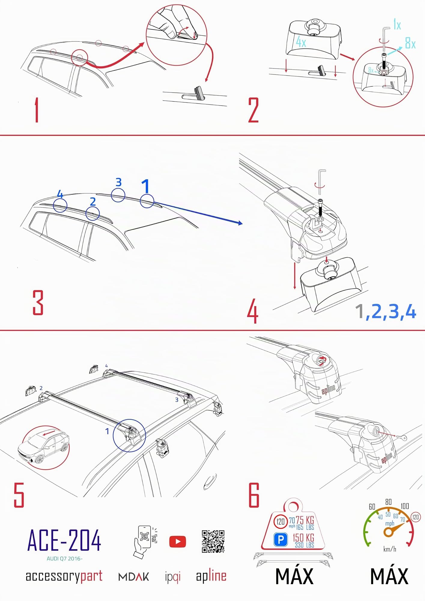 Compatible con Audi Q7 (4M) 2015-2026 Modelo Ace-2 Barra de Techo Auto Portaequipajes Barras Transversales Gris Aluminio 2 Barras