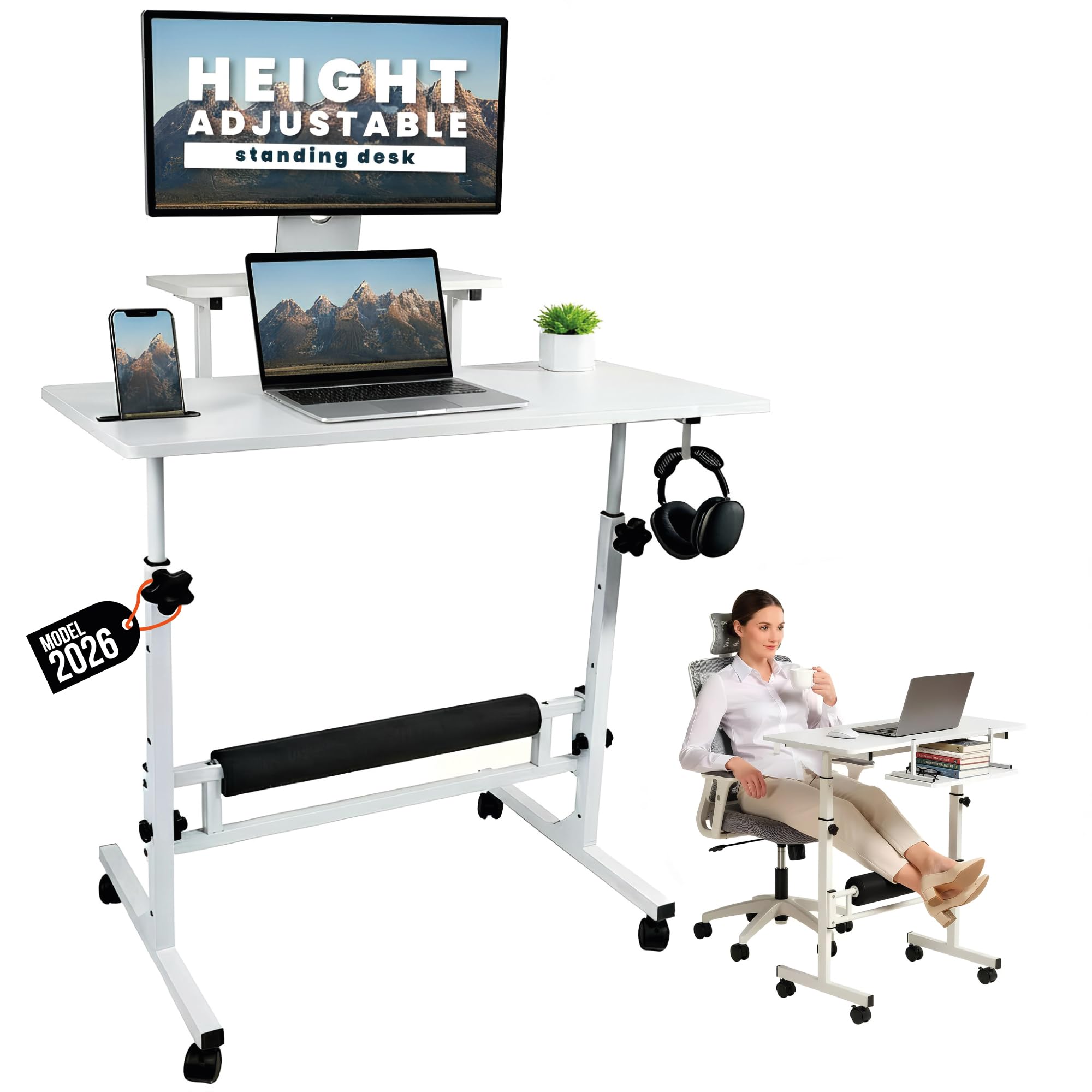 Model 2026 Adjustable Height Rolling Desk with Wheels Portable Compact Laptop Table Mobile Workstation for Study Office Small