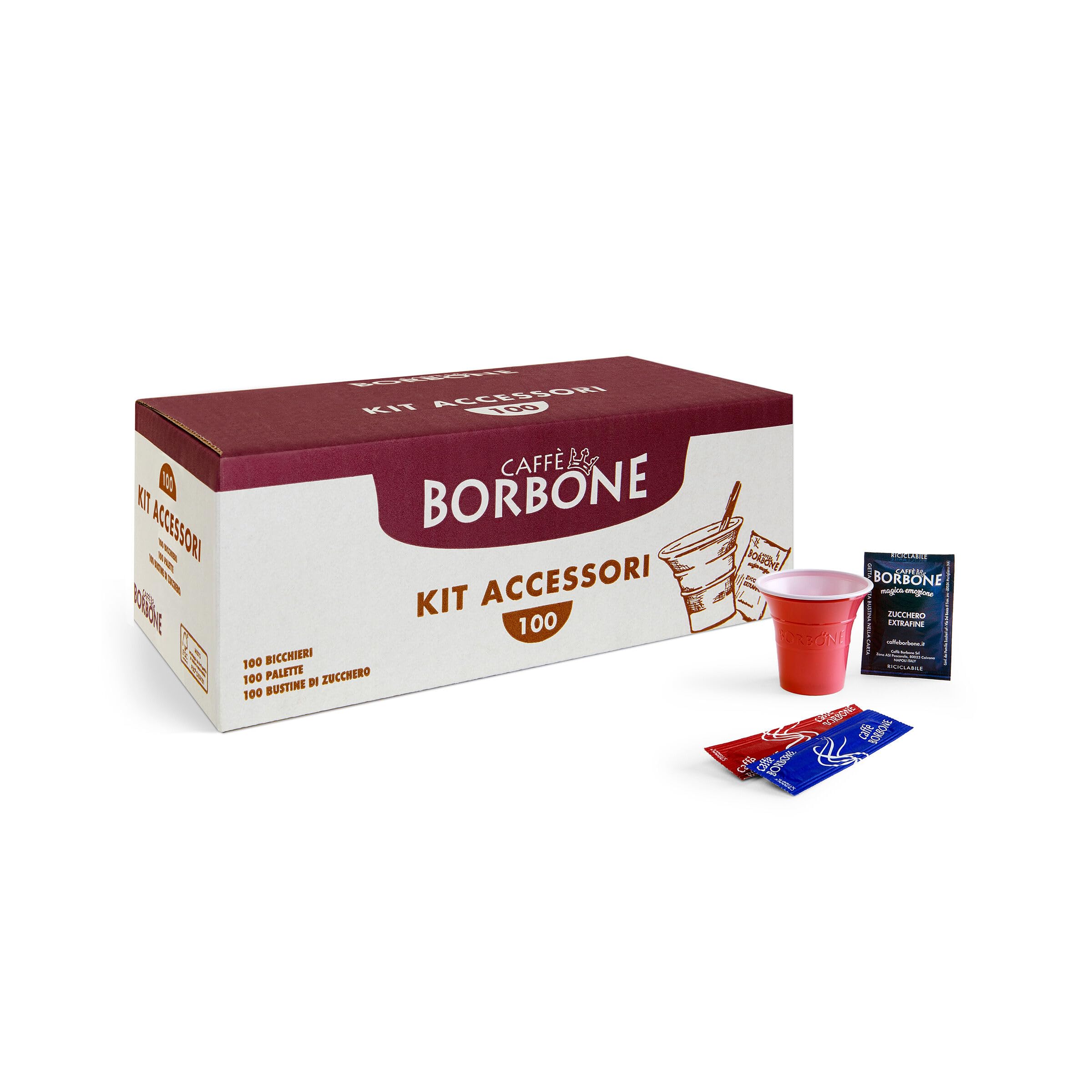 Caffè Borbone - Lot de 5 kits contenant chacun 100 touillettes, 100 sachets de sucre et 100 gobelets à café