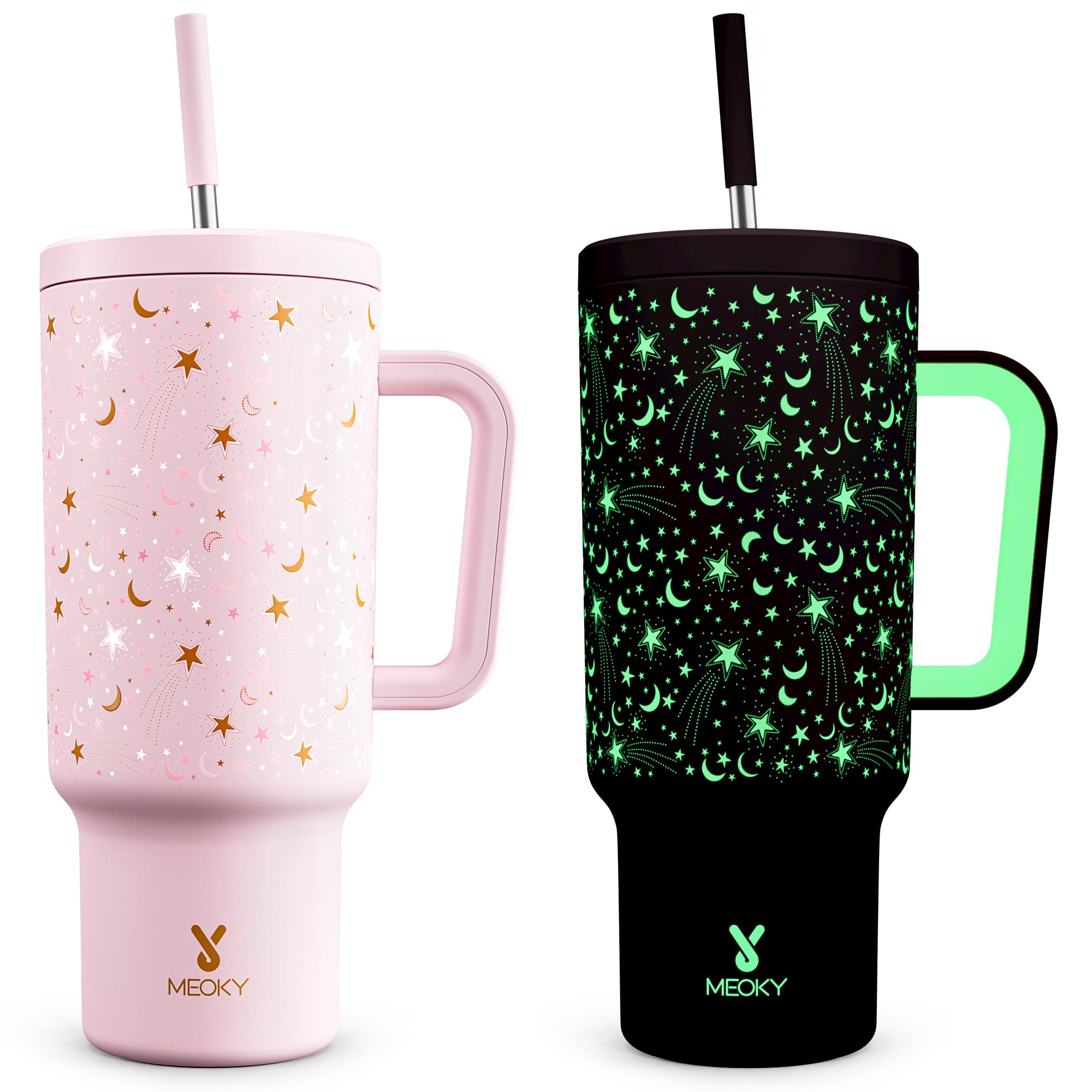 Meoky 40 oz Tumbler with Handle and Straw: Glow in the Dark Tumbler with Lid and Straw - Stainless Steel Insulated Tumbler for Car Cup Holders - Travelers Commuters Workers (1 Pack, Starry Sky)