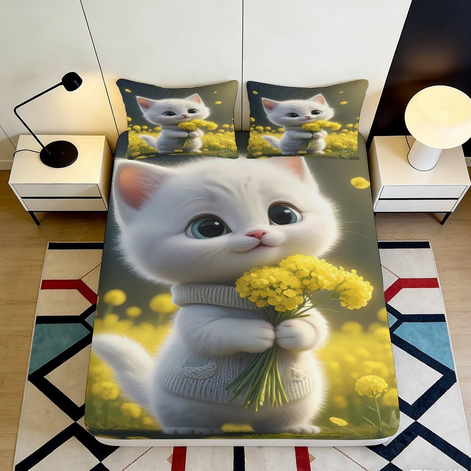 Uxinyoume Style-8 3D Printed White Cat With Yellow Flowers Fitted Sheet Microfiber Non Slip Bed Cover For Bedroom Dorm Easy Care 90X200x25cm