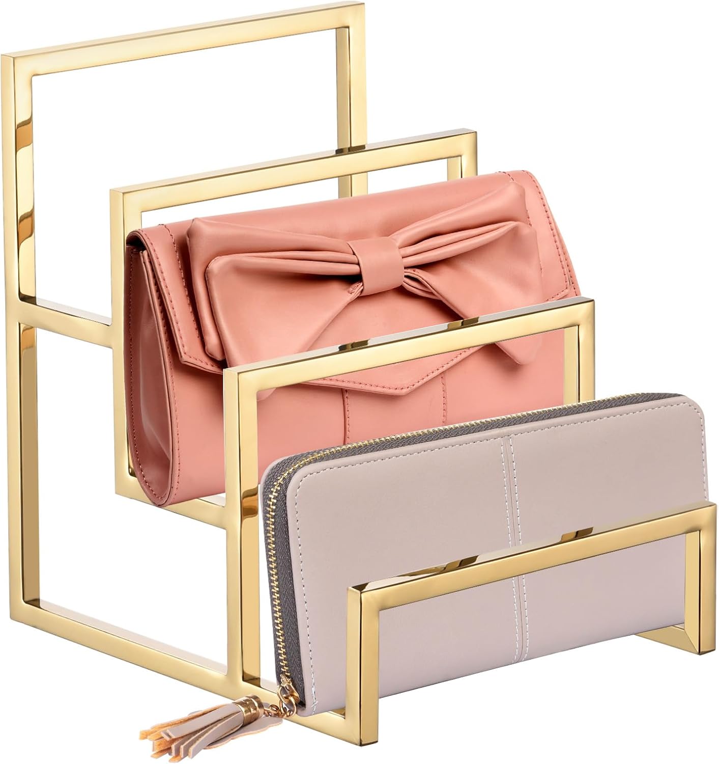 uxcell Clutch Purse Display Stand 3 Layer Wallet Display Rack Metal Clutch Holder Riser for Home Retail Store Supplies - Gold, 2Pcs