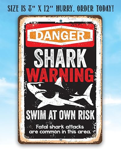 Miniatura 4 de Letrero de metal con texto en inglés «Shark Warning Swim at Own Risk» para playa, ideal para playas y zonas junto a la piscina, accesorios de pared