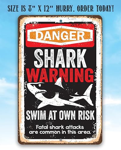 Miniatura 4 de Shark Warning Swim at Own Risk - Beach Sign Metal Sign - Great for Beaches and Poolside Areas, Coastal and Nautical Wall Accessories and Gift, 8x12