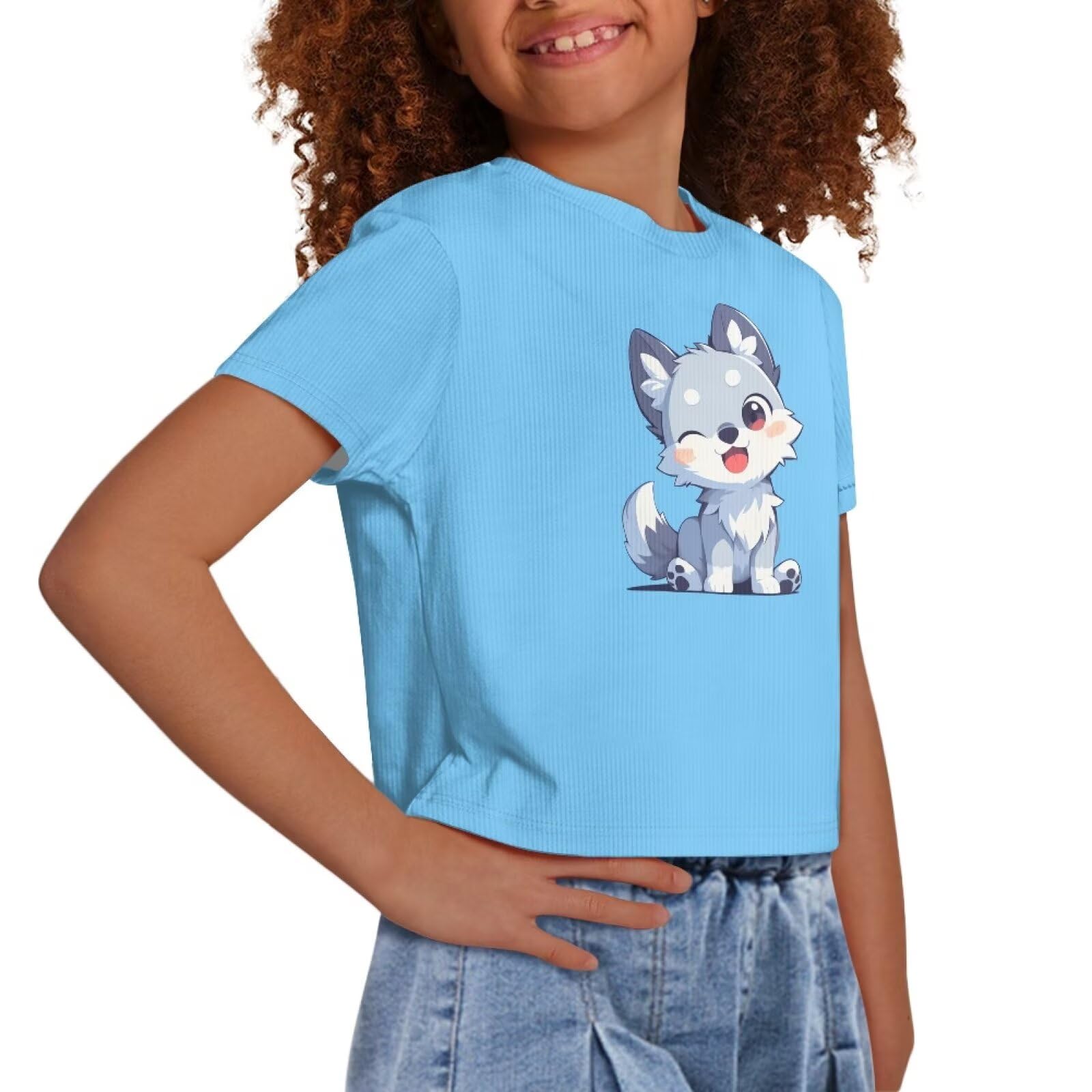 OZELANSAY Wolf Print Girls Crop Top Blue Kawaii Beach T-Shirt Lightweight Breathable Fabric for Summer Vacations Sports Age 5-6 Cute Casual Wear
