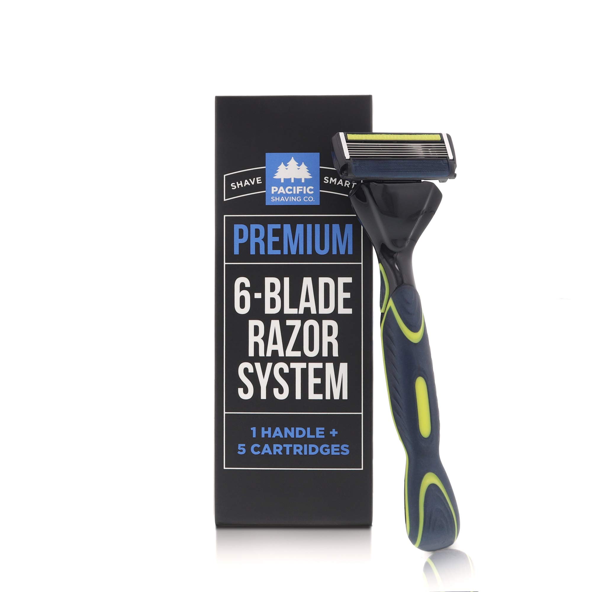 Premium 6-Blade Razor System - Pivoting Head with Ergonomic Weighted Handle and Lubrication Strip (1 Razor Handle + 5 Blade Refills)