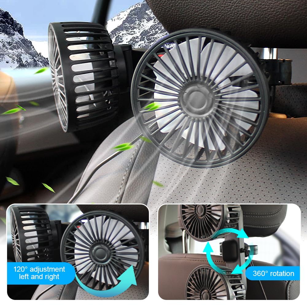 Ventilador del Asiento Trasero Con Doble Cabeza, 5V, 360° Giratorio 3 Velocidades, Clip para Vehículos Como Sedán, SUV, RV