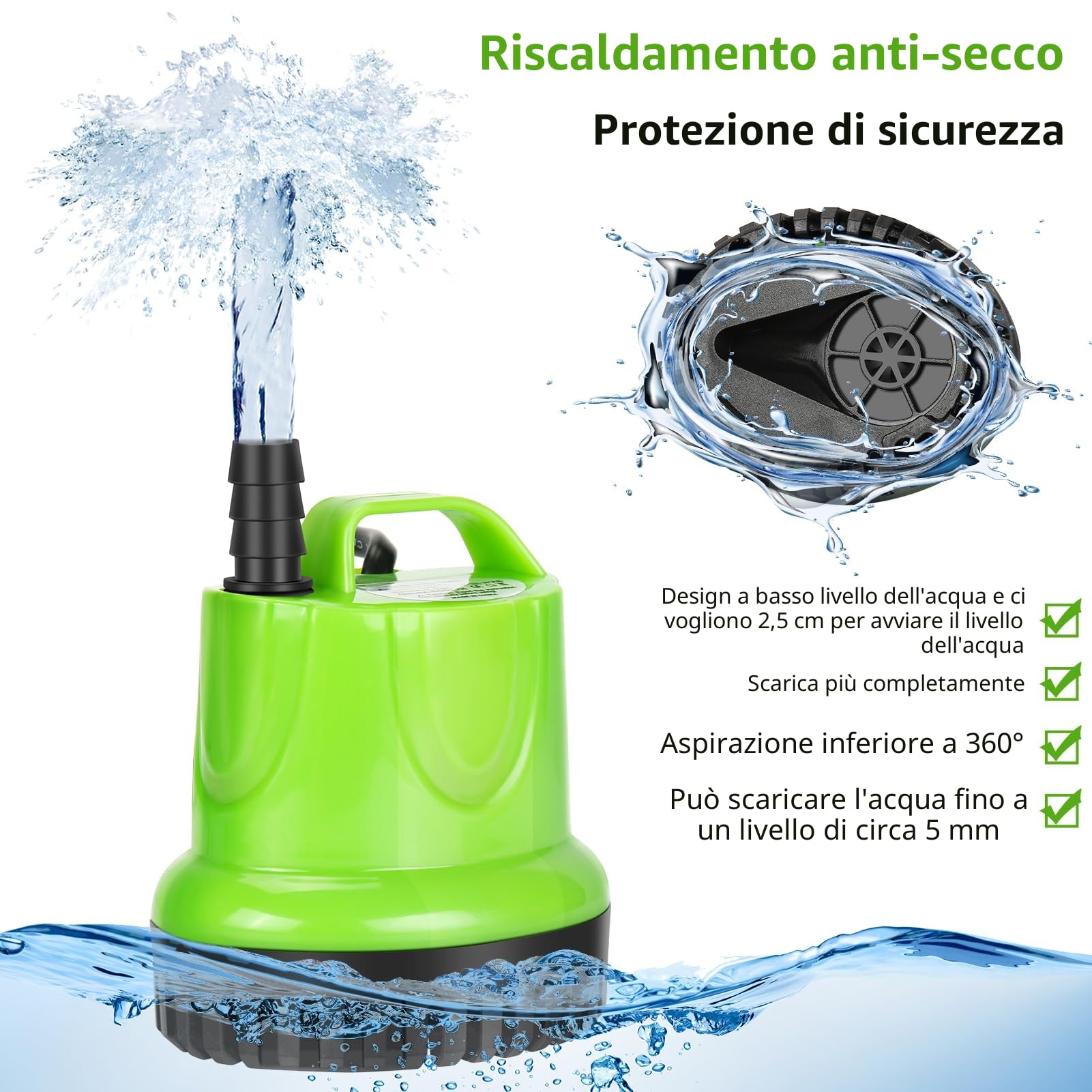 Pompa sommergibile da 25 W, 1200 l/h, ad alto flusso, protezione dalla combustione a secco con design estremamente silenzioso per fontane, acquari, idroponiche, stagni, acquari