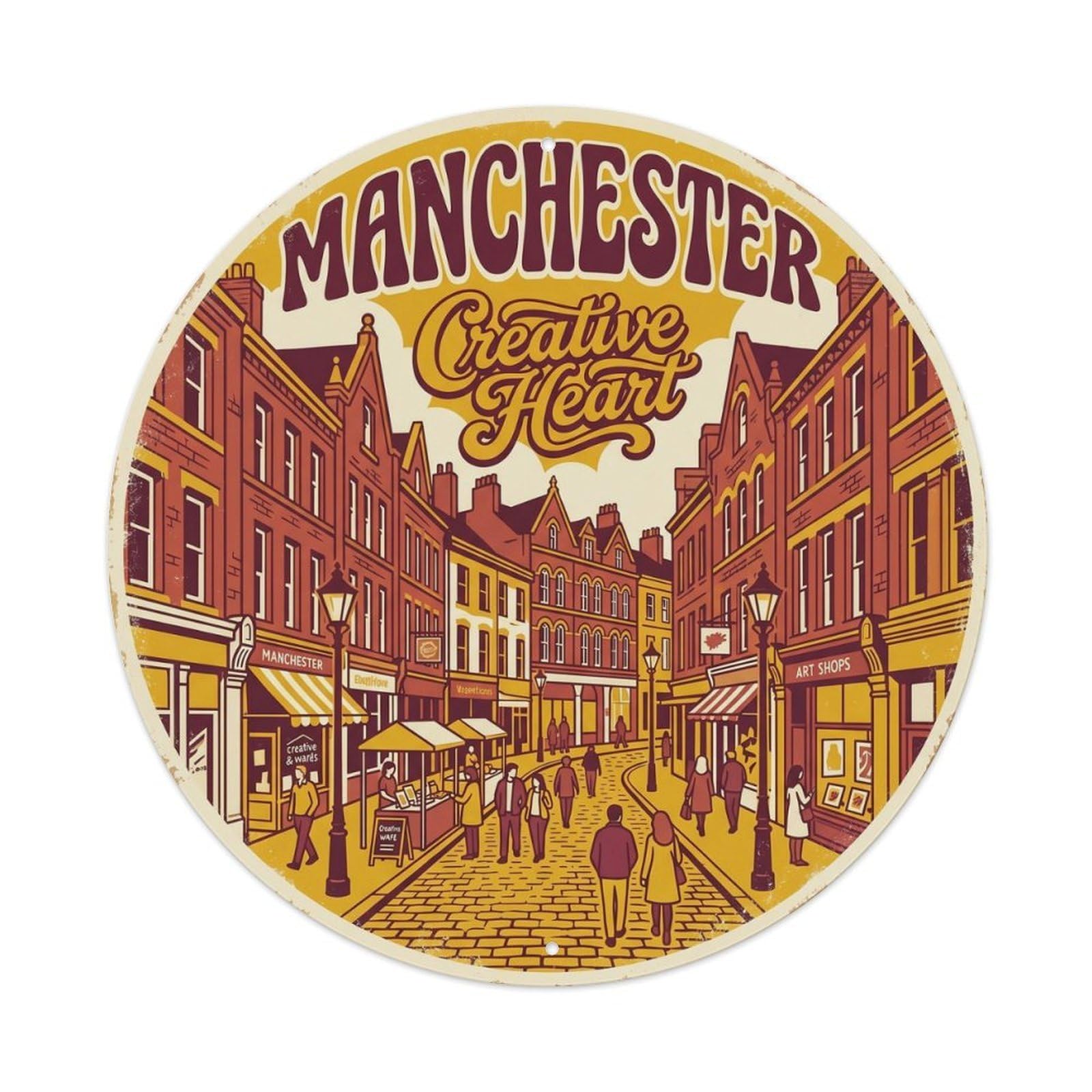 Cmhok Vintage Style Vintage Travel Manchester Northern District Metal Tin Sign Plaque Wall Decor For Cafe, Club, Garden Round Metal Poster 8X8inch