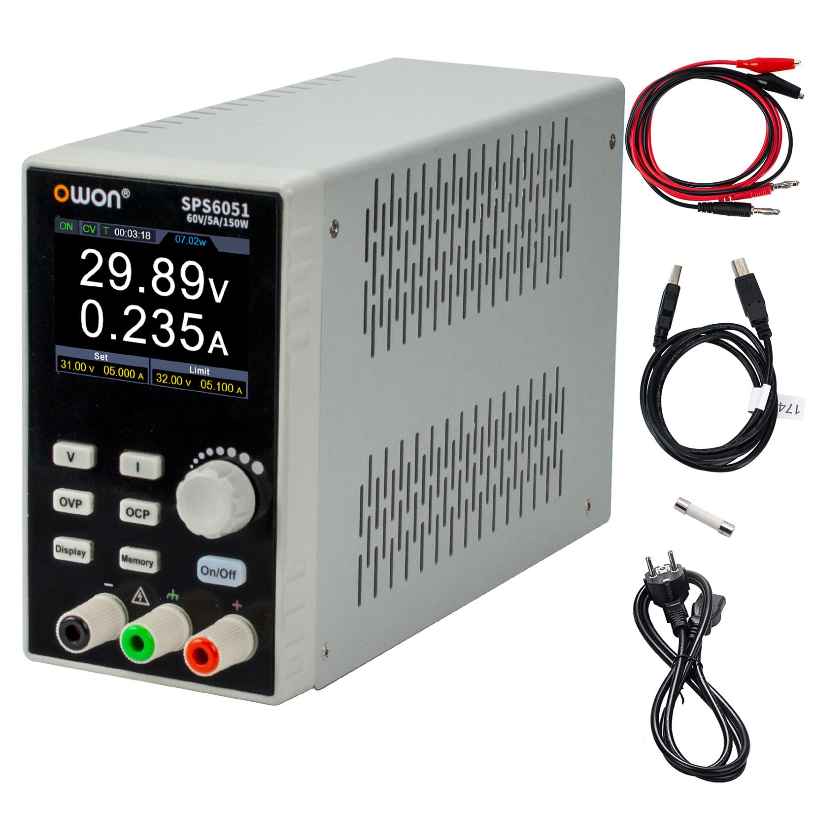 OWON SPS6051 DC-Netzgerät 0-60V 0-5A Einstellbares Schaltnetzteil mit 150W Ausgangsleistung, unterstützt Computerprogramiererung und überwachfunktion für Spannungs-/Stromkurven.