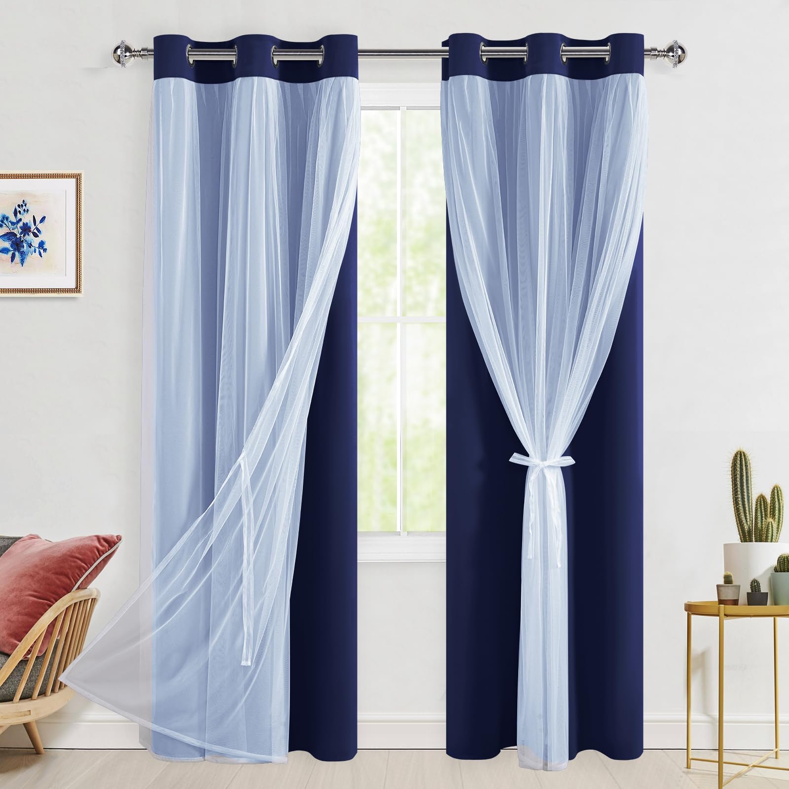 Rideaux occultants double couche de 213 cm Hiasan avec voilage transparent pour salon - 2 panneaux