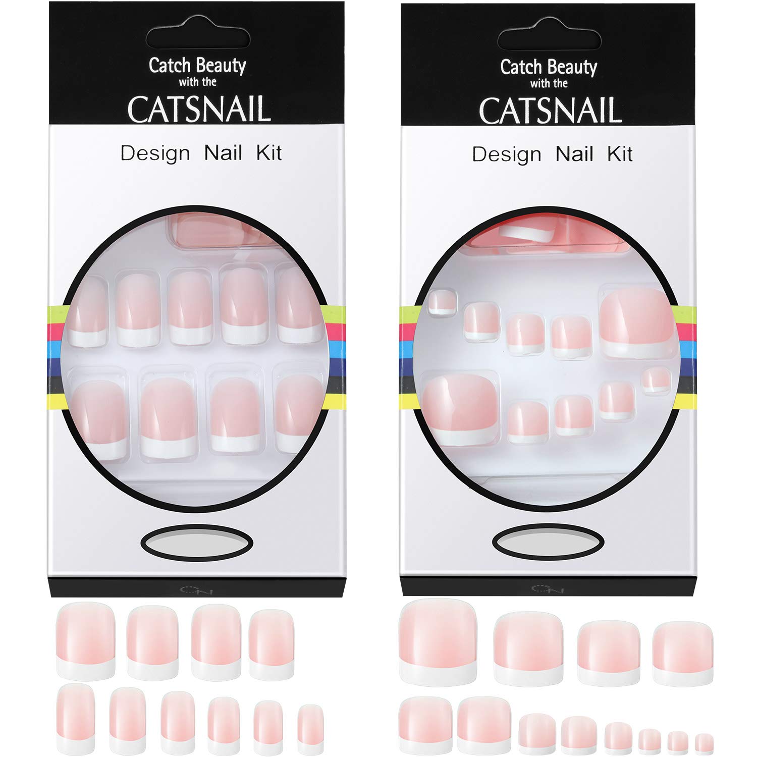 96 Pieces French False Nails and Toe Nails Kit Artificial Acrylic Full Cover French Nails Tips Pink White Fake Fingernails, Includes 4 Sheets Nail Adhesive Tabs