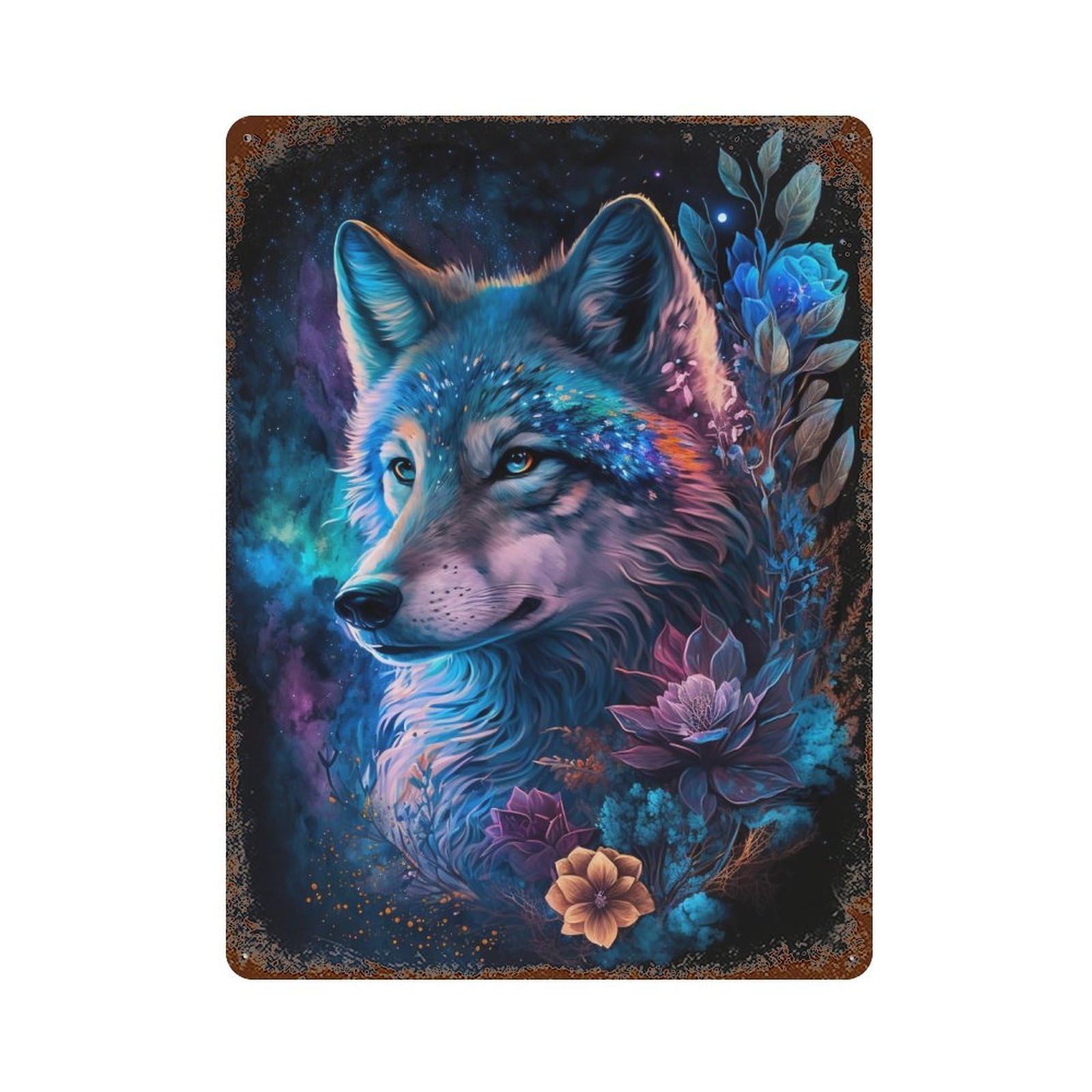 Distressed Metal Wall Sign with Enchanted Wolf Fantasy Artwork -2 Design 15.7"x11.8", for Shed, Workshop And Garage Wall Decor, Decorative Metal Wall Art