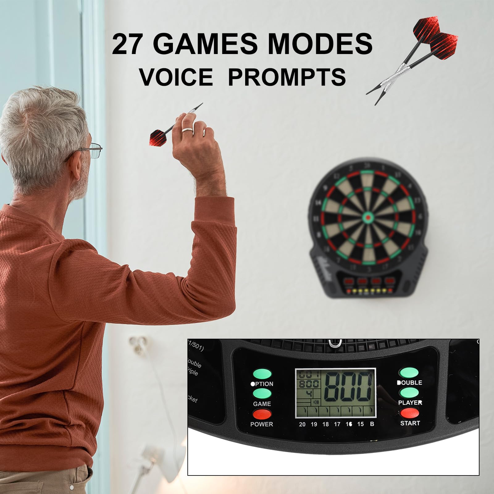 PATIKIL Cible de fléchettes électronique, jeu de fléchettes numérique à pointe souple avec écrans LCD, 27 jeux et 243 variantes avec 6 fléchettes, 24 pointes, support 16 joueurs