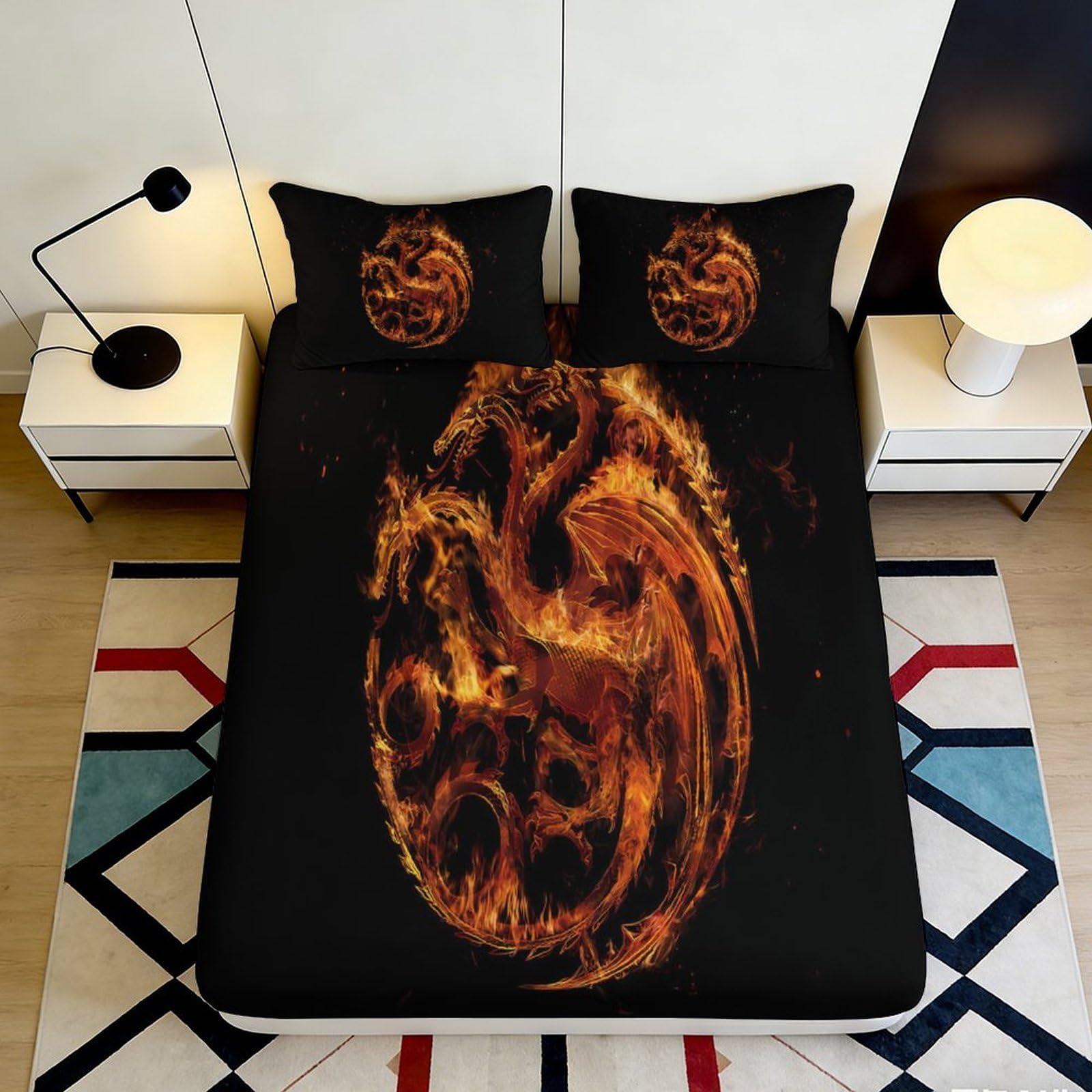 3D Printed Fiery Dragon Fitted Sheet Microfiber Soft Breathable Flame Pattern Bed Cover for Bedroom Dormitory Guest Room Mattress Protection Decoration 90x200x25cm