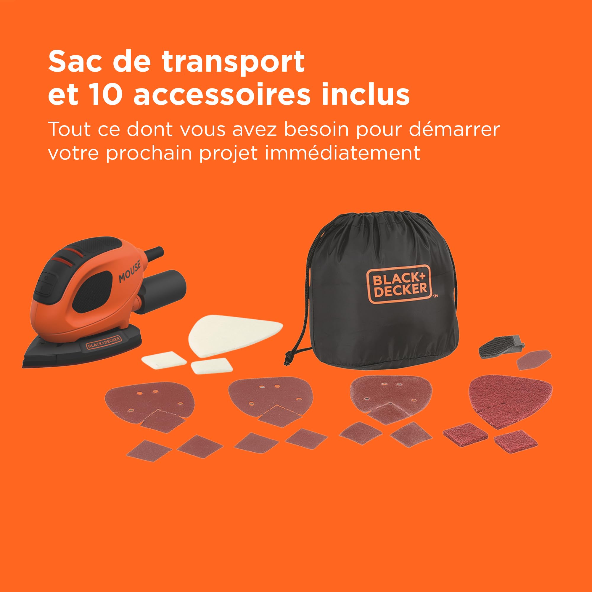 BLACK+DECKER 55W, Ponceuse de détail Mouse - Sac de rangement avec 10 accessoires - BEW230BCA-QS