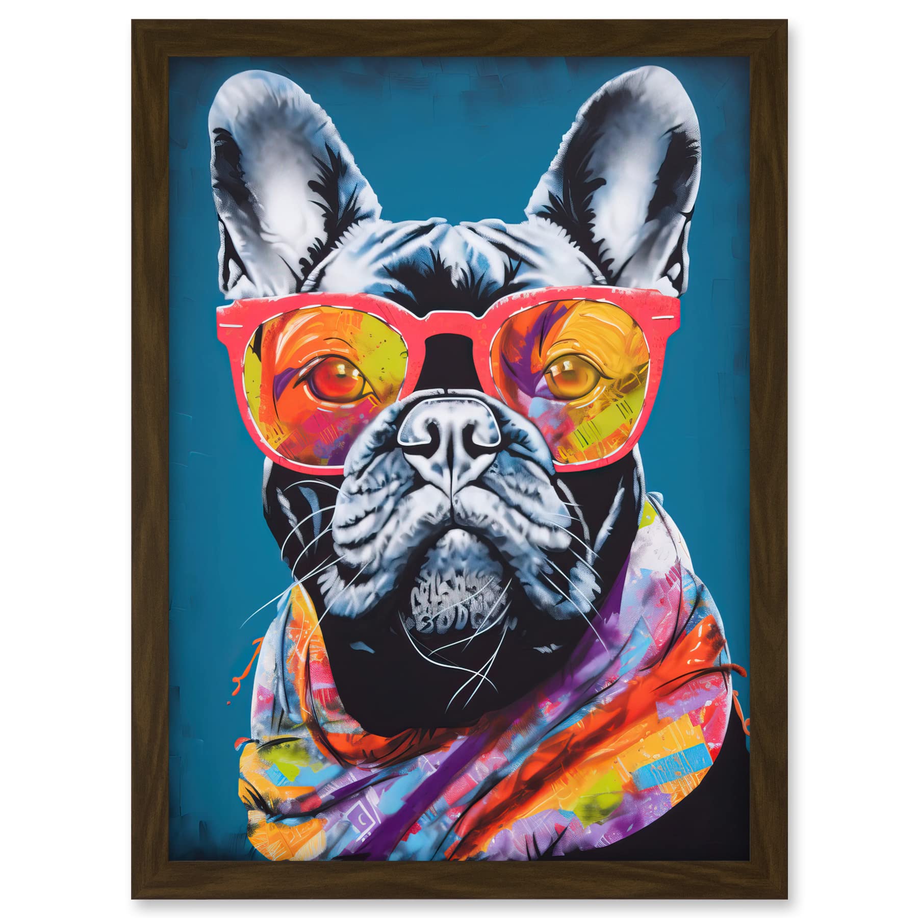 Artery8 English Bulldog with Neon Bandana and Sunglasses Artwork Framed A3 Wall Art Print