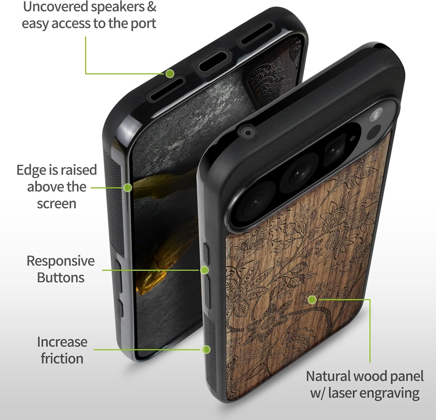Carveit Magnetic Wooden Case for Google Pixel 10 / Pixel 10 Pro Case, Wood Artisan Engraved & Soft TPU Shockproof Cover, Compatible with MagSafe Wireless Chargers (Floral Wallpaper) Walnut