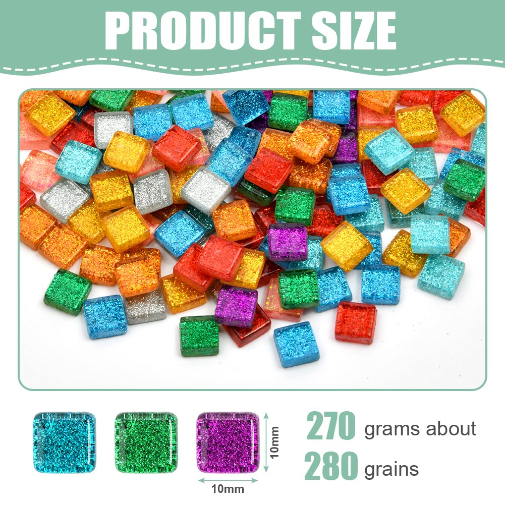 AUAUY DIY kryształowy kamień kwadratowy, 270g Kolorowe szklane mozaiki, kwadratowe kryształowe mozaiki, zestaw kamieni mozaikowych, rzemiosło mozaikowe, wielokolorowe brokatowe szklane kawałki