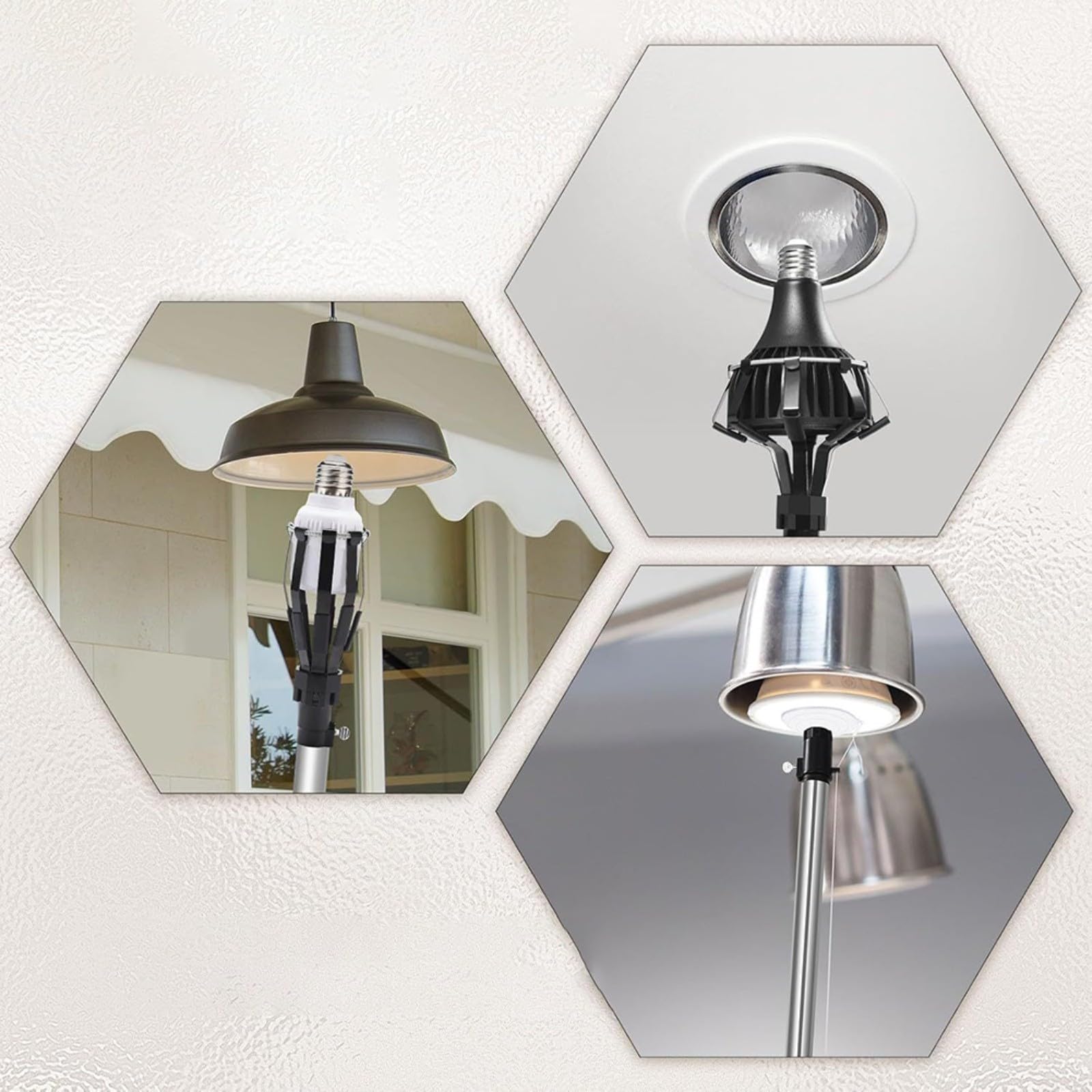 Strumento per cambiare lampadina con 3 teste, asta estensibile in acciaio inossidabile per soffitti alti, kit di rimozione della lampada per interni ed esterni, regolabile 150-360 cm (asta a