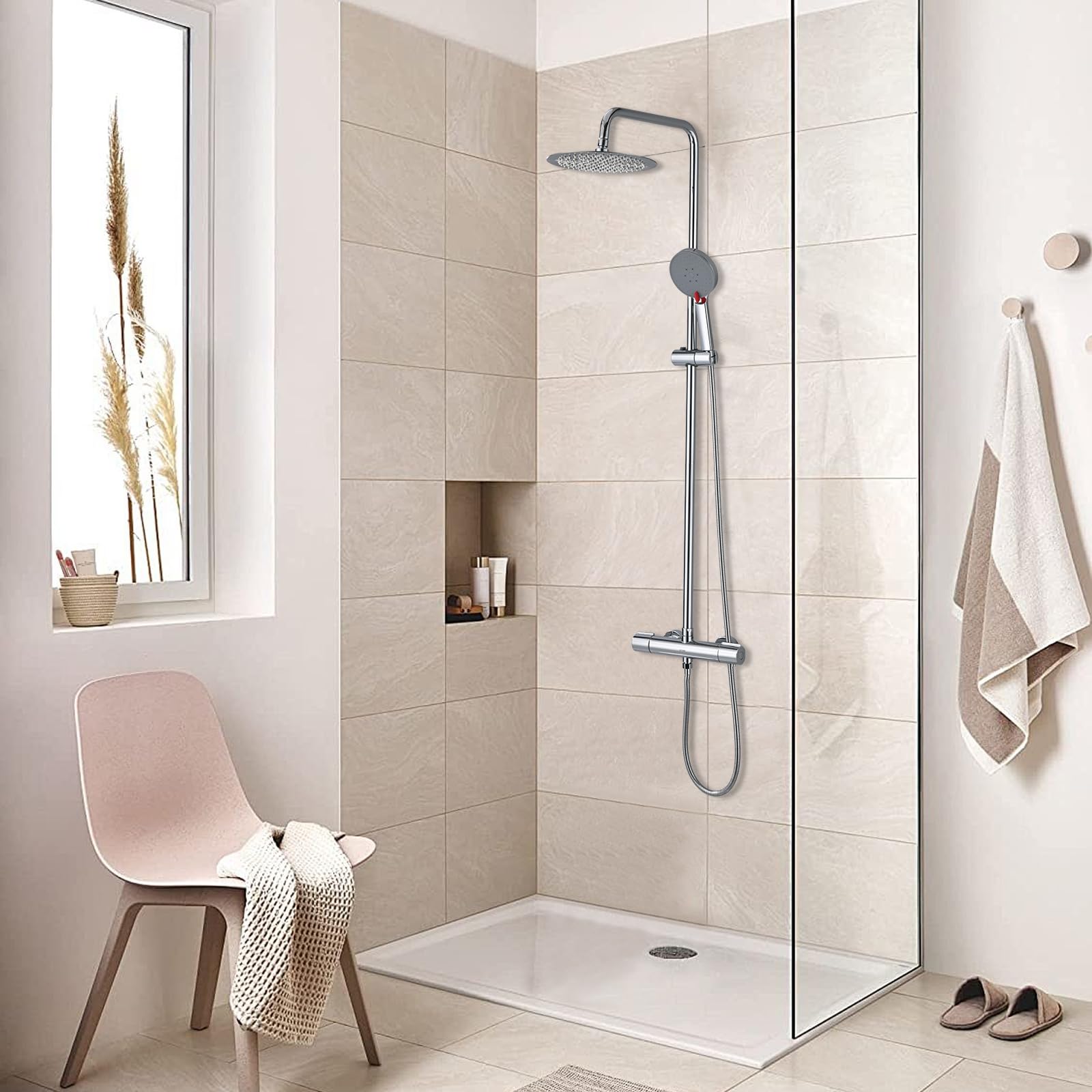 Colonna Doccia Termostatica con Miscelatore, DETBOM Set Doccia in Acciaio Inox 304 - Soffione Pioggia 25cm + Doccetta 3 Jet Autopulente, Kit Completo con Tubo 1.5m e Staffa Regolabile, Rotondo