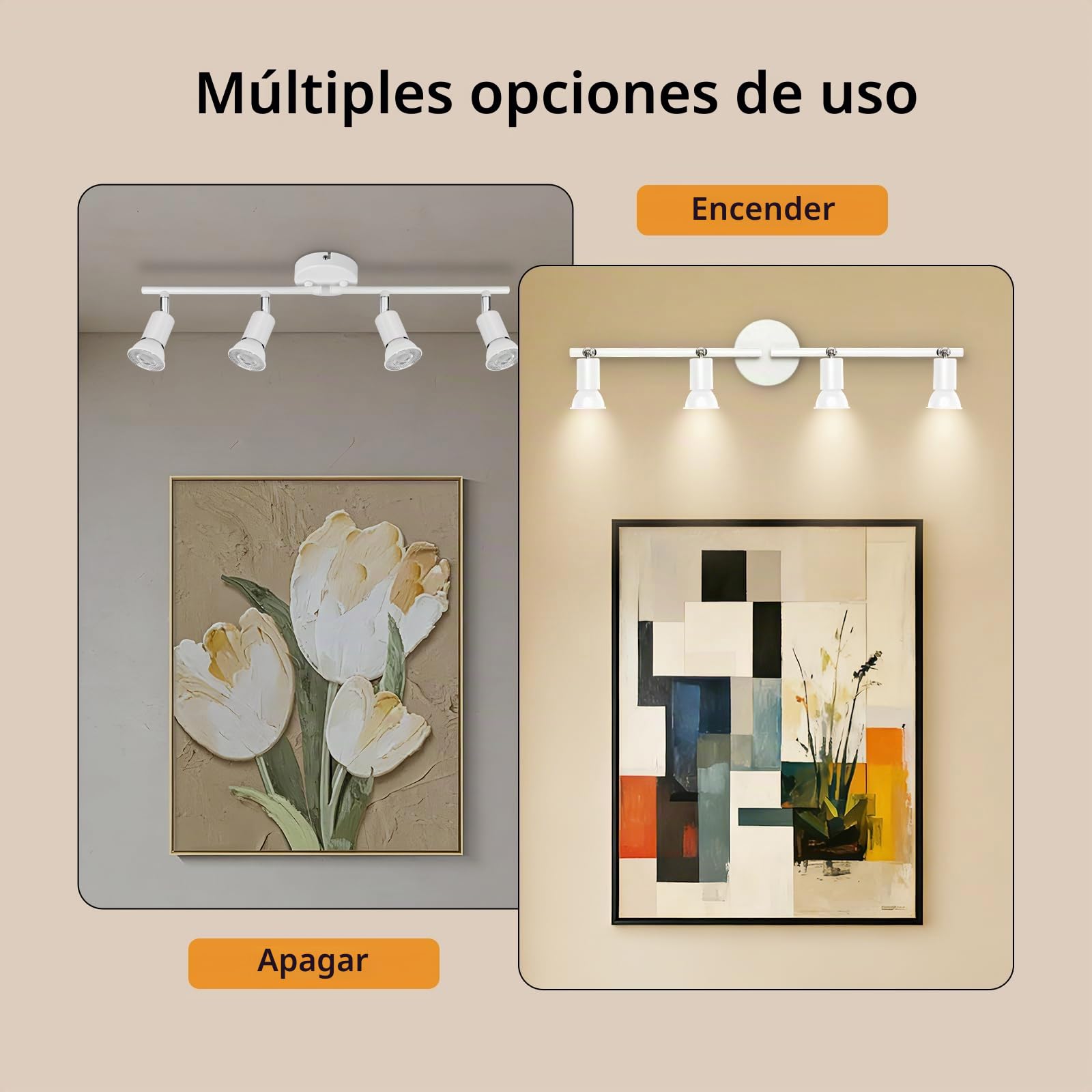 Ketom GU10 Focos Techo Blanco, Lampara Focos Techo con 4 Focos Orientable, Moderno Plafón LED Para Interiores Giratorio, Industrial Para Dormitorio, Pasillo, Cocina, Sin Bombilla