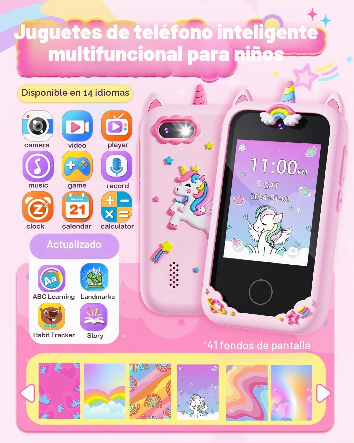 BAISIQI Teléfono infantil para niñas, juguetes de unicornio para niñas de 3, 4, 5, 6, 7, 8 años, regalos de cumpleaños de Navidad, juguetes de aprendizaje para niños de 3 a 8 años, teléfono con cámara