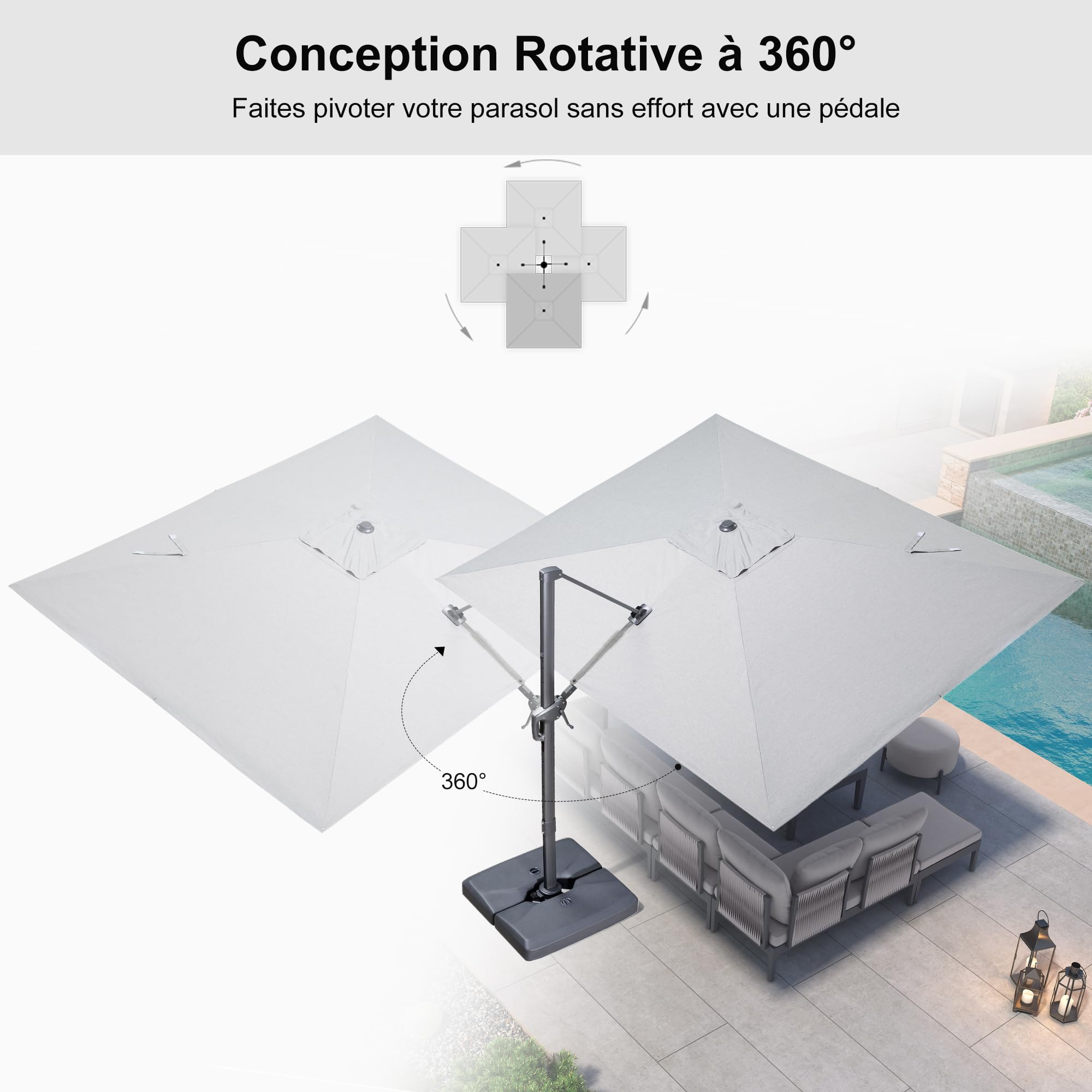 PURPLE LEAF Parasol Déporté 2,7 x 3,5 m Toile Simili-Acrylique Gris clair | Toile 240 g/m² UPF 50+, 2x plus résistant, Amovible et lavable, Inclinaison 6 positions, Rotation à 360°, Parasol de jardin