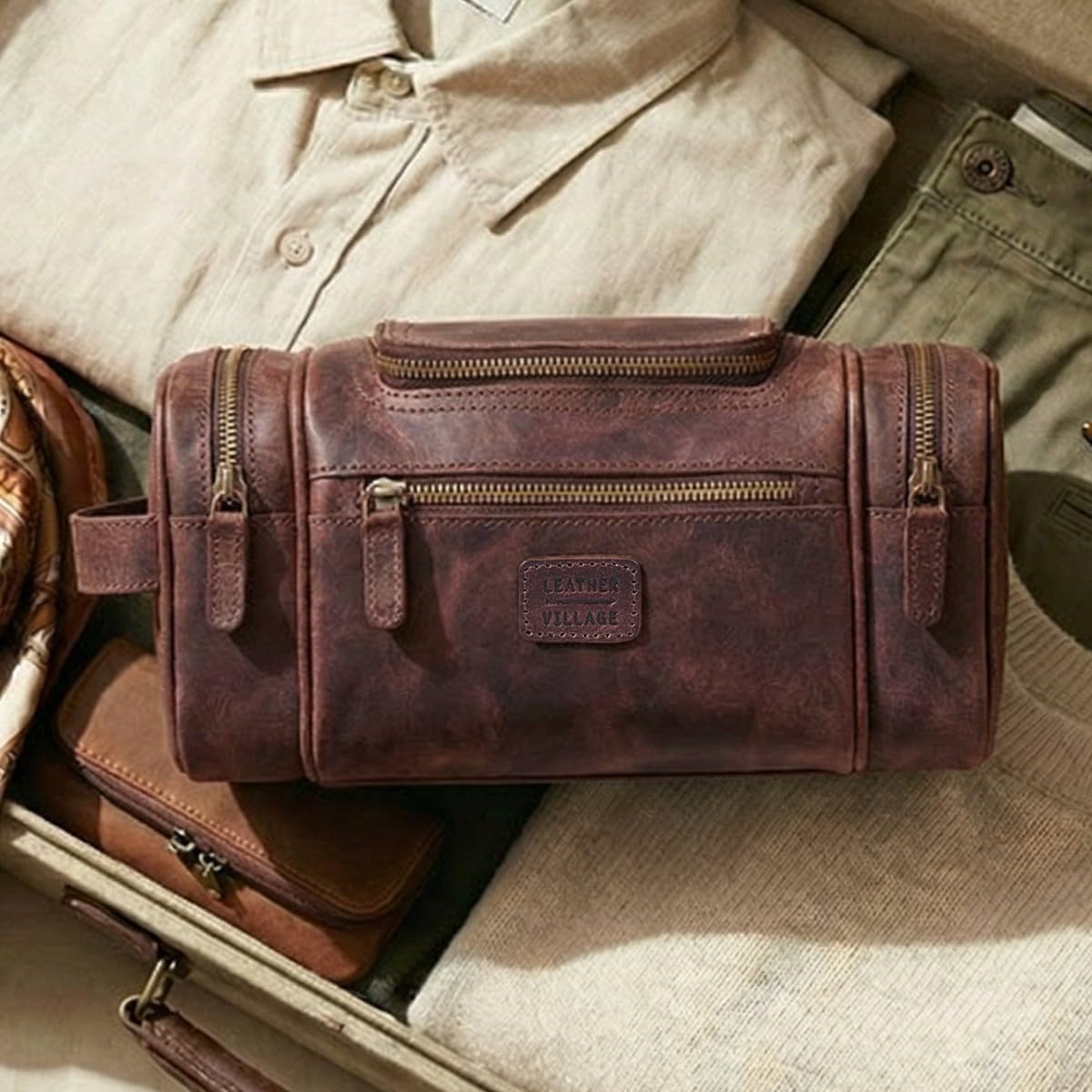 LEATHER VILLAGE Genuine Leather Hanging Travel Dopp Kit Toiletry Bag