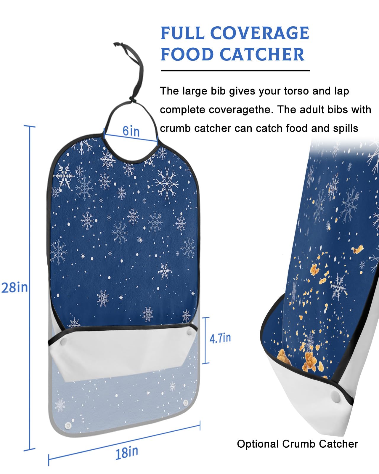 Gradient Pure Blue Adult Bib for Adults Men, Women, Washable & Adjustable Terry Cloth Bib with Crumb Catcher Reusable Waterproof Clothing Clothes Protector Apron Christmas Winter Romantic Snowflake